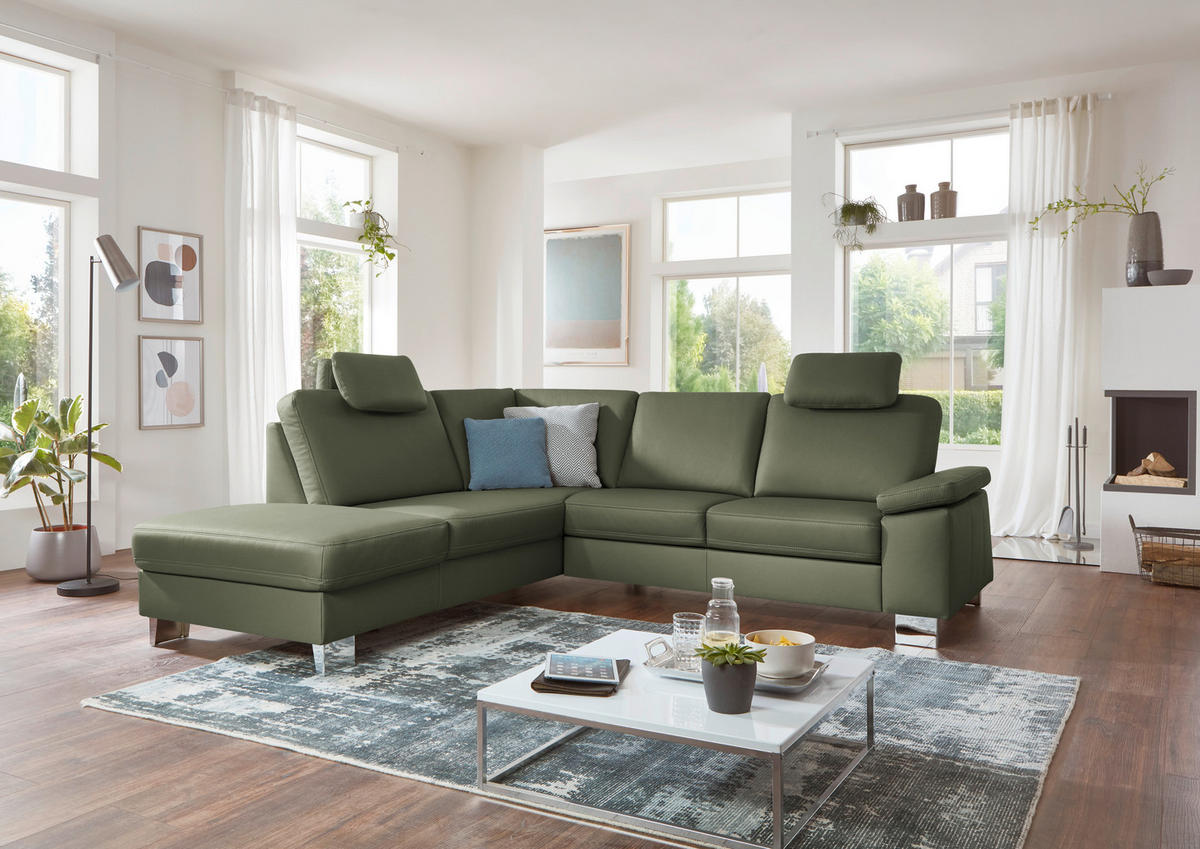 ECKSOFA  in Echtleder Olivgrün  235/248 cm  - Alufarben/Olivgrün, Design, Leder/Metall (235/248cm) - Beldomo Premium