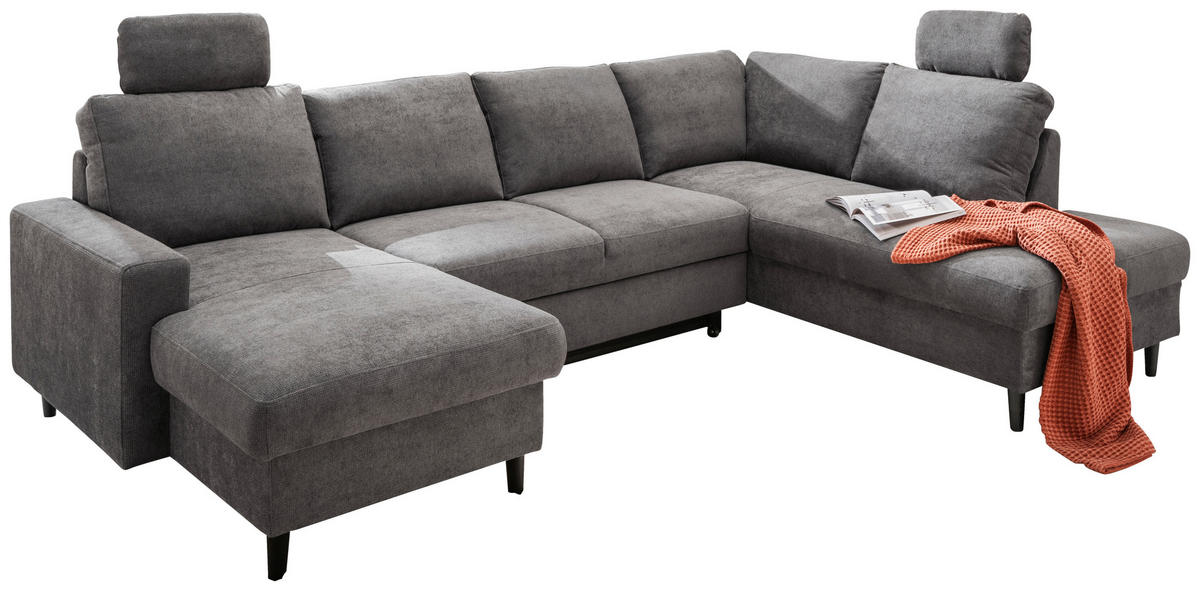 WOHNLANDSCHAFT in Chenille Dunkelgrau  - Dunkelgrau/Schwarz, Modern, Holz/Textil (153/305/200cm) - Livetastic