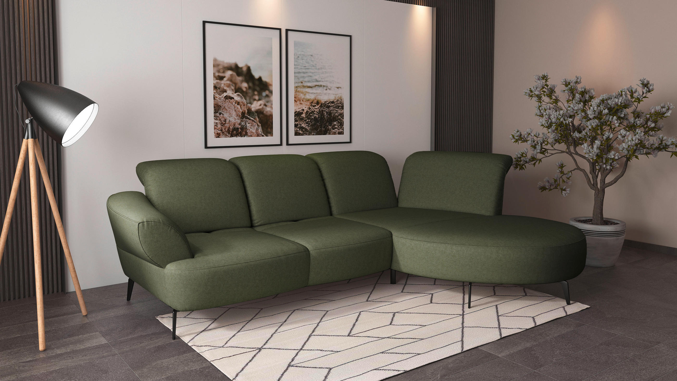 ECKSOFA in Flachgewebe Olivgrün  - Schwarz/Olivgrün, Modern, Textil/Metall (313/208cm) - Sit & More
