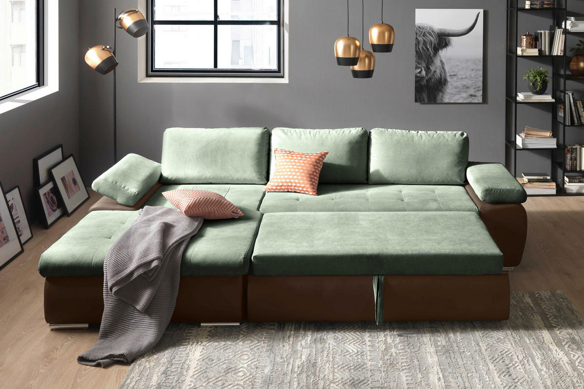 ECKSOFA in Flachgewebe Braun, Olivgrün  - Braun/Olivgrün, Design, Kunststoff/Textil (175/271cm) - MID.YOU