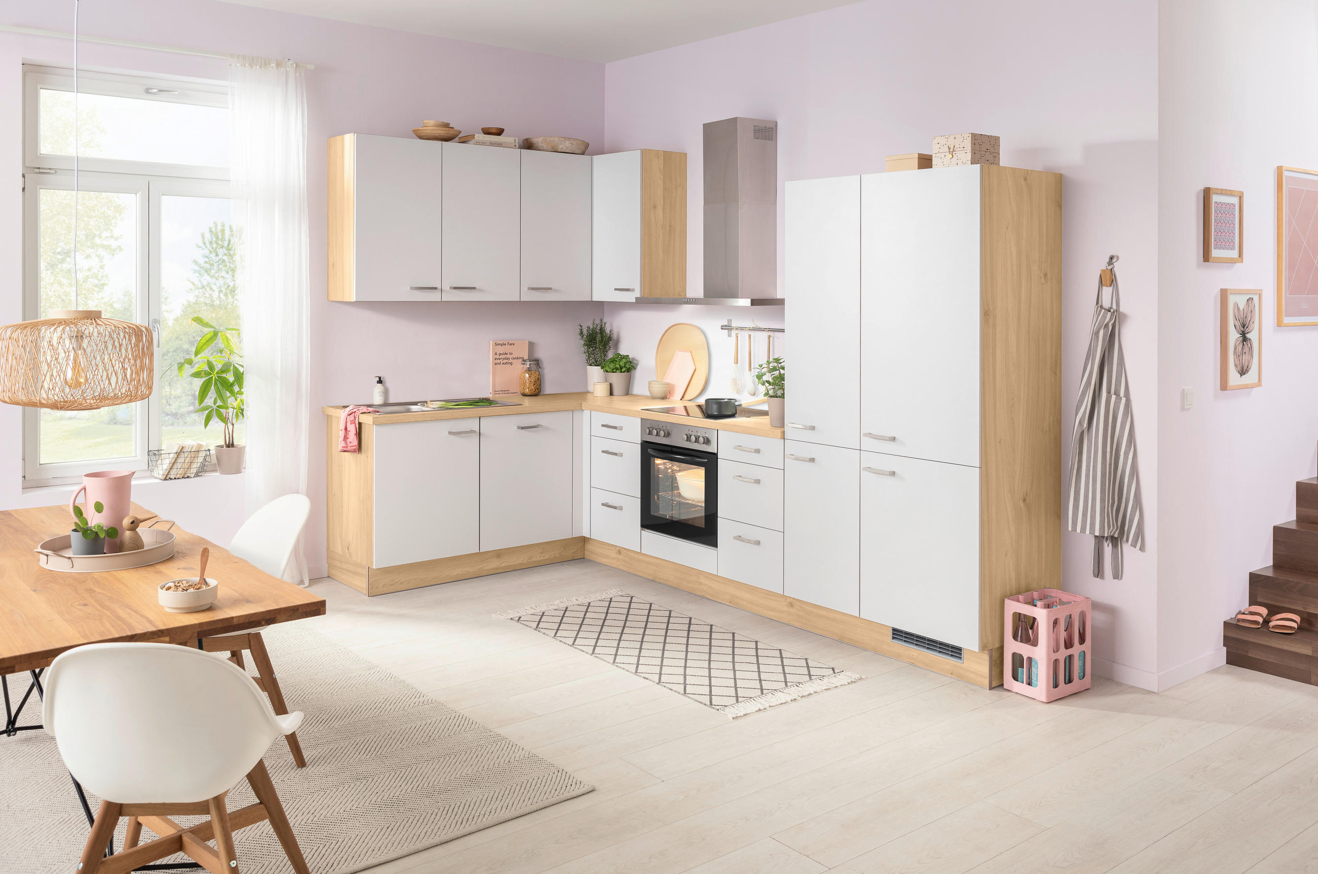 ECKKÜCHE 185/320 cm  in Eichefarben, Hellgrau  - Edelstahlfarben/Eichefarben, Basics, Holzwerkstoff/Metall (185/320cm) - Venda