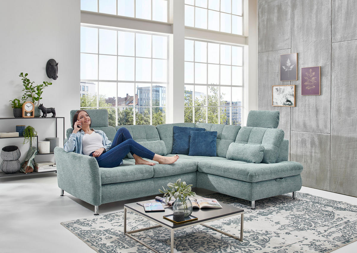 ECKSOFA in Webstoff Türkis  - Türkis/Chromfarben, Konventionell, Textil/Metall (242/210cm) - Beldomo Style