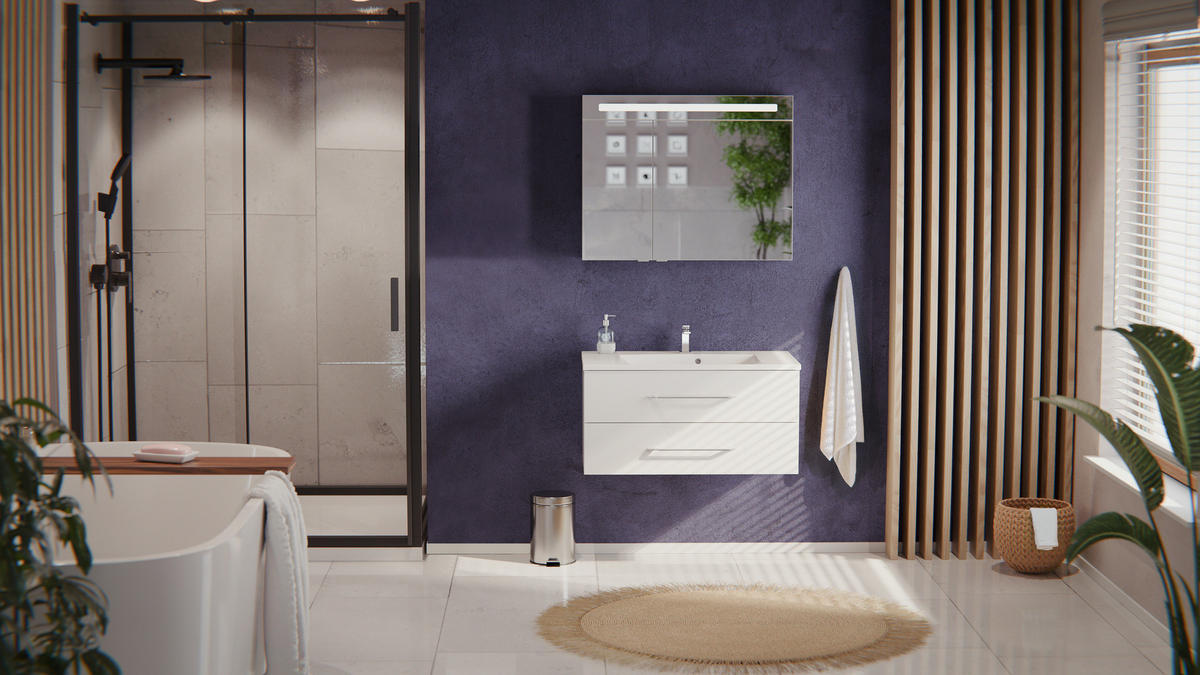 BADEZIMMER 3-teilig  in 90 cm  - Chromfarben/Weiß Hochglanz, MODERN, Glas/Holzwerkstoff (90cm) - MID.YOU