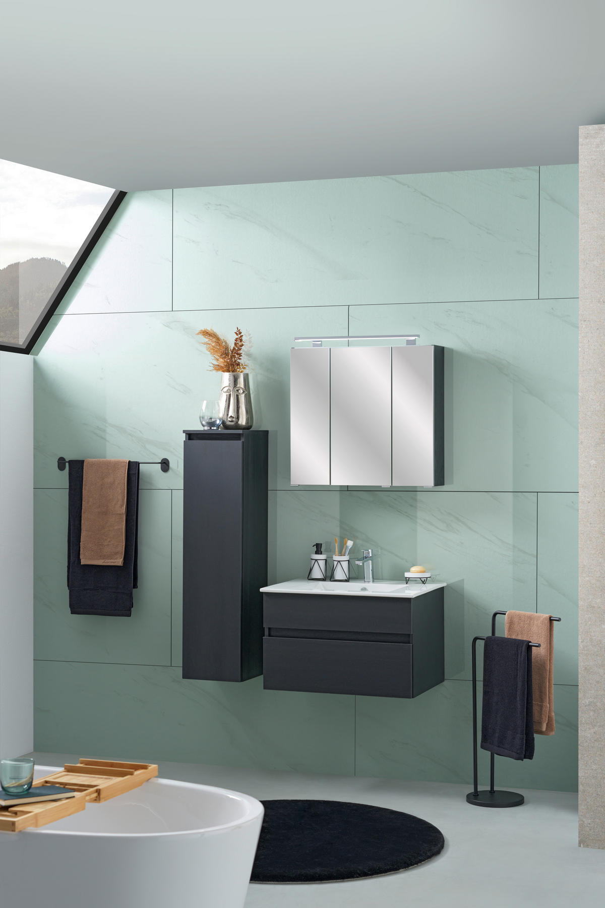 BADEZIMMER 3-teilig  in 72 cm  - Schwarz/Weiß, Design, Keramik/Holzwerkstoff (72cm) - Novel