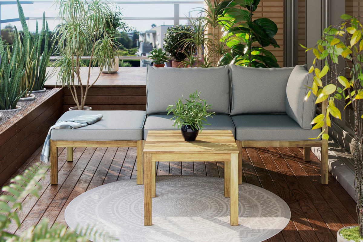 Set De Mobilier Pentru Balcon  4 piese  - culoare lemn acacia/gri, Natur, lemn/textil (65/65/65cm) - Ambia Garden