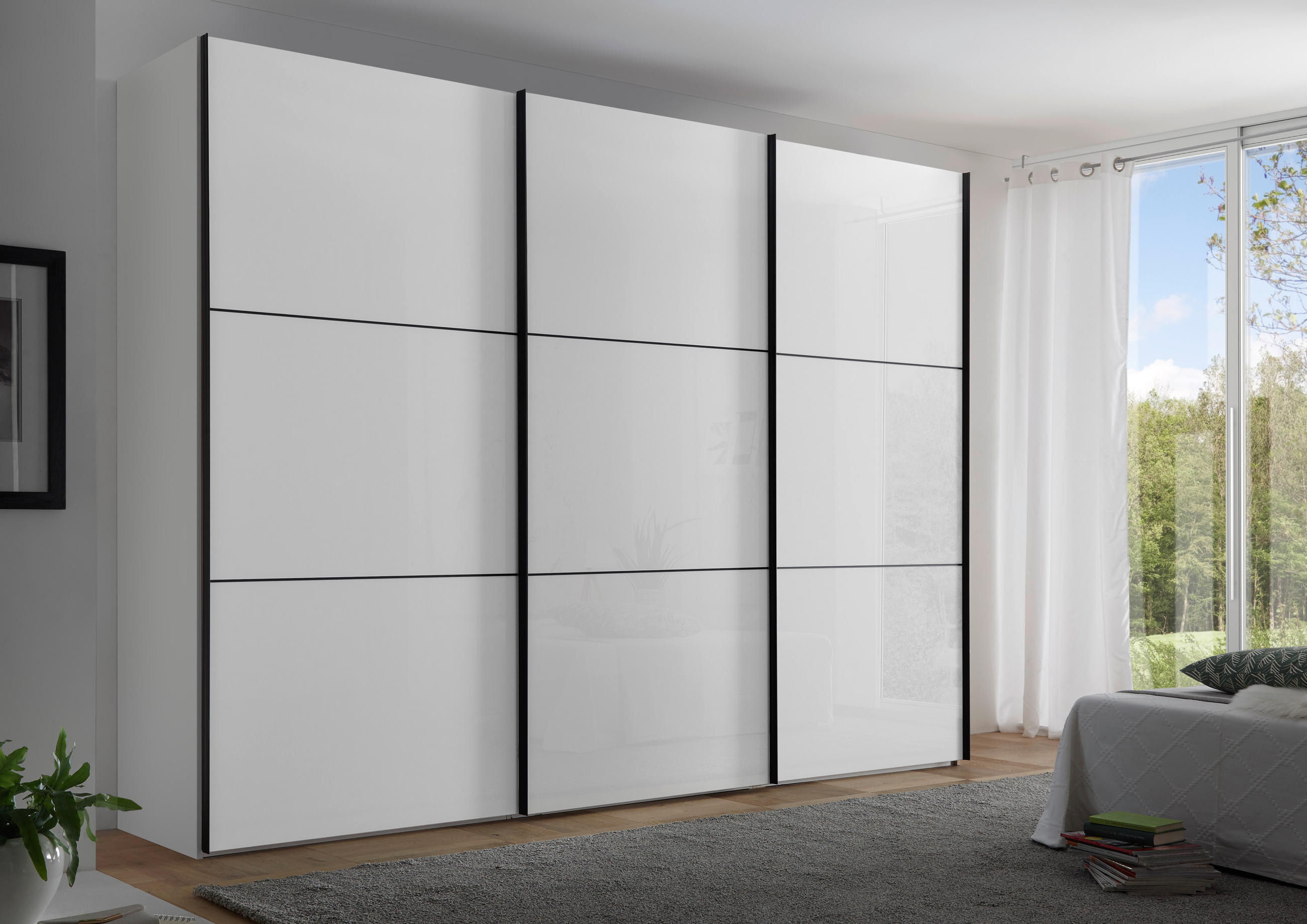 SCHWEBETÜRENSCHRANK Glasfront 3-türig Weiß  - Schwarz/Weiß, KONVENTIONELL, Glas/Holzwerkstoff (298/222/68cm) - Moderano