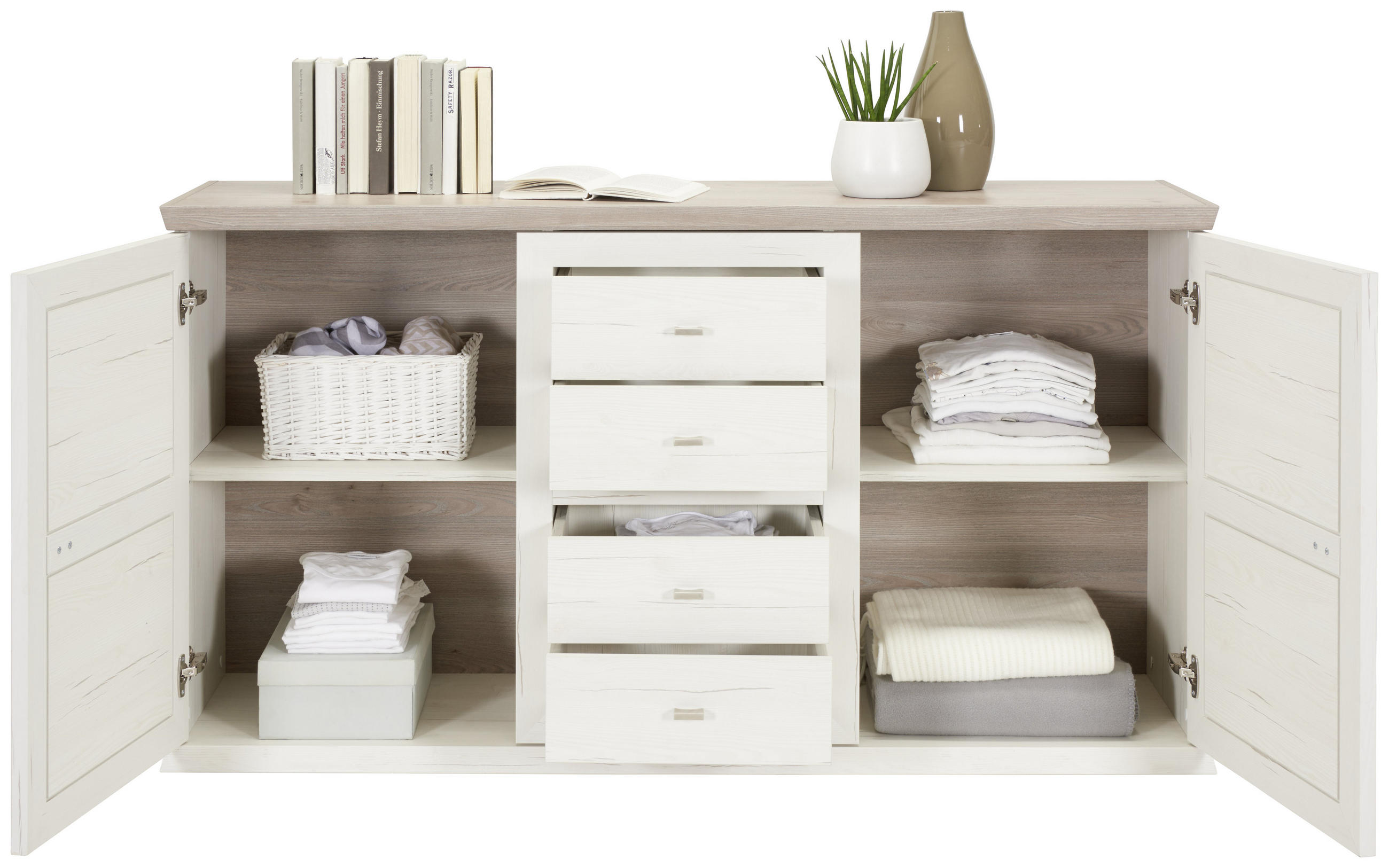 ŠIROKÁ KOMODA, sivá, biela, 160/89/43 cm - sivá/biela, Lifestyle, kov/kompozitné drevo (160/89/43cm) - Hom`in