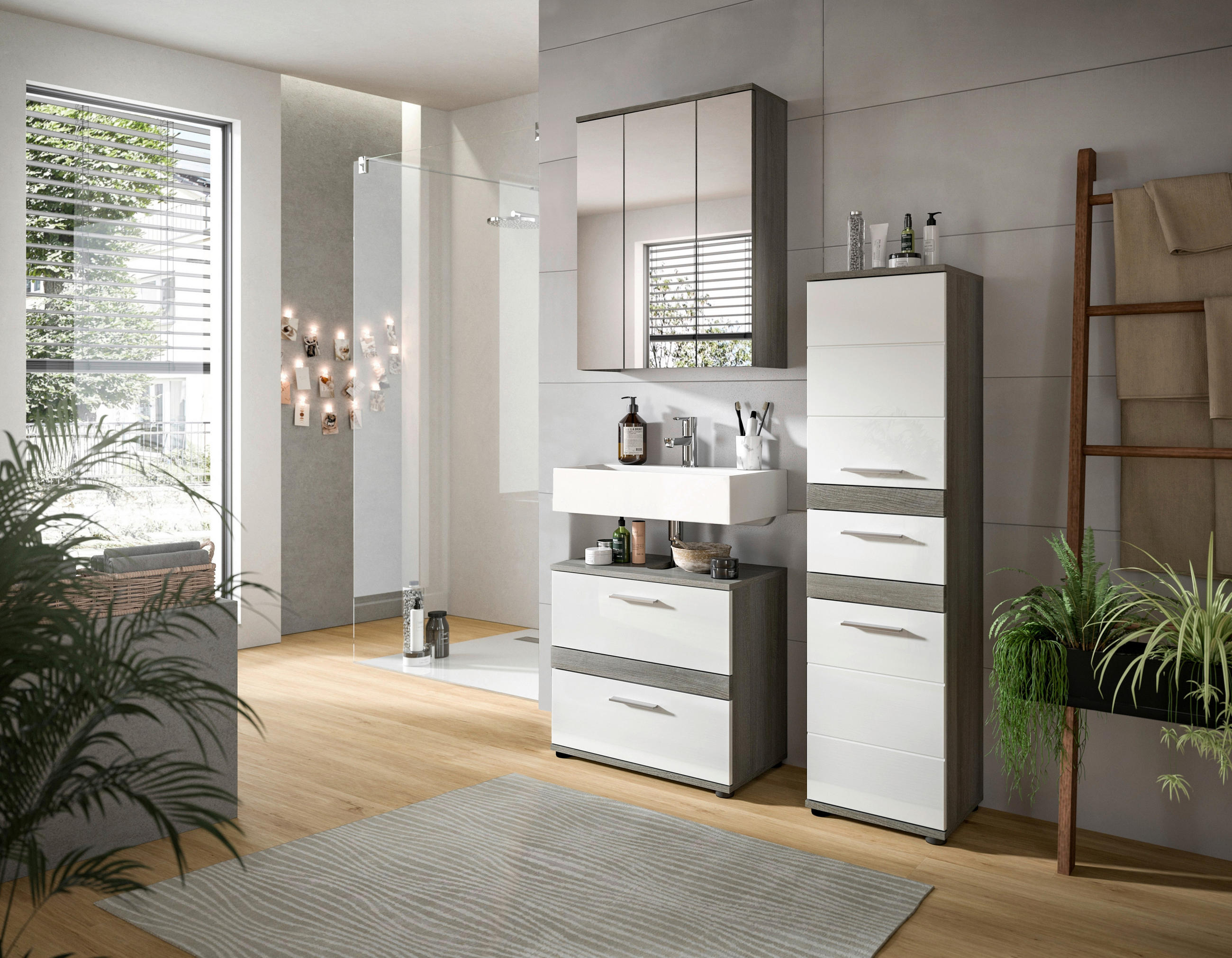 BADEZIMMER 3-teilig 110 cm  - Weiss Hochglanz/Silberfarben, Modern, Glas/Holzwerkstoff (110cm) - MID.YOU