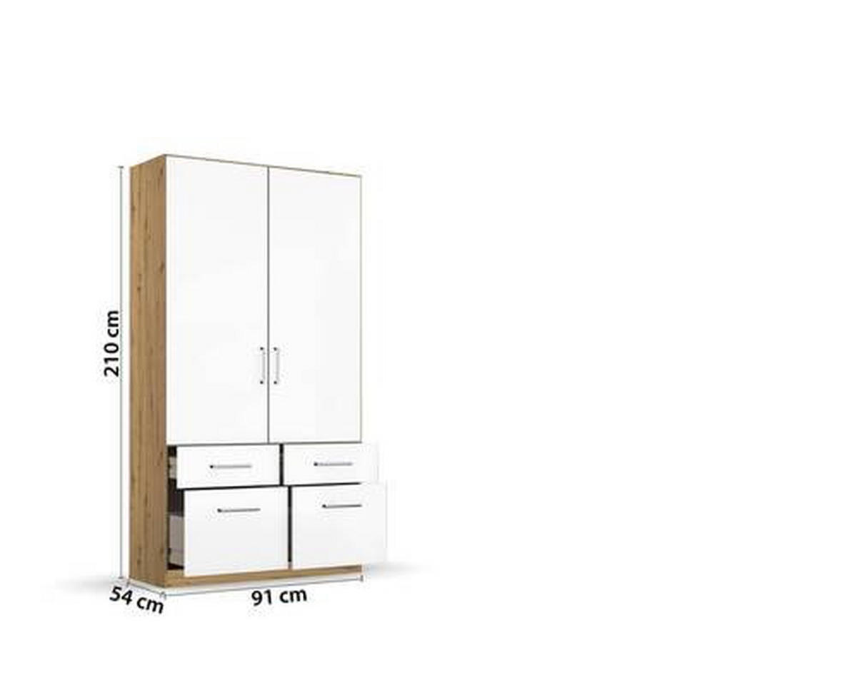 DREHTÜRENSCHRANK in Eiche Artisan, Weiss Hochglanz  - Weiss Hochglanz/Chromfarben, Modern, Holzwerkstoff/Kunststoff (91/210/54cm) - Rauch Möbel