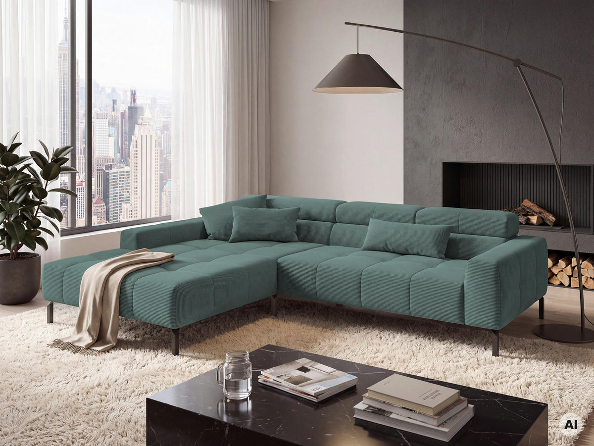 ECKSOFA Grün Feincord Rücken echt, Kopfteilverstellung, Sitztiefenverstellung  - Schwarz/Grün, KONVENTIONELL, Textil/Metall (226/293cm) - Hom`in