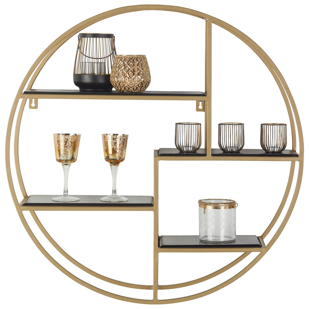 Thumbnail - Xora Wandregal, Schwarz, Gold, Holz, Metall, Akazie, teilmassiv, 80x80x22 cm, Wohnzimmer, Regale, Wandregale