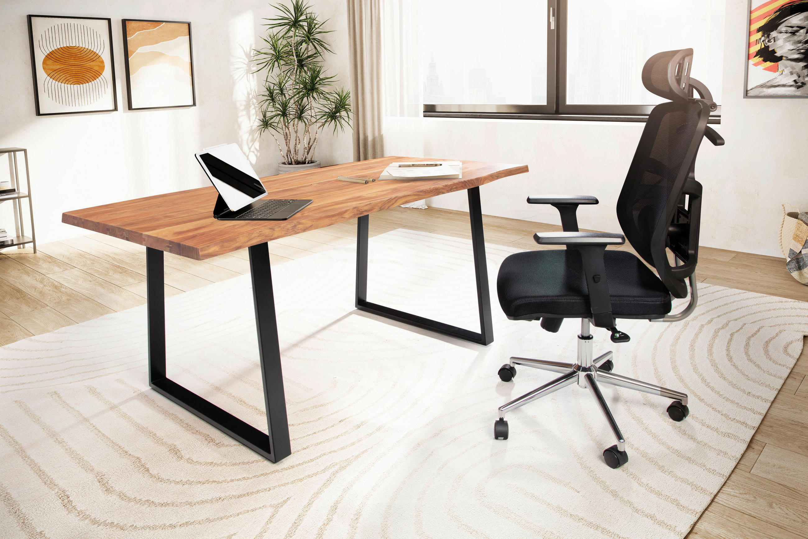 SCHREIBTISCH 120/60/76 cm  in Schwarz, Akaziefarben  - Schwarz/Akaziefarben, MODERN, Holz/Metall (120/60/76cm) - MID.YOU