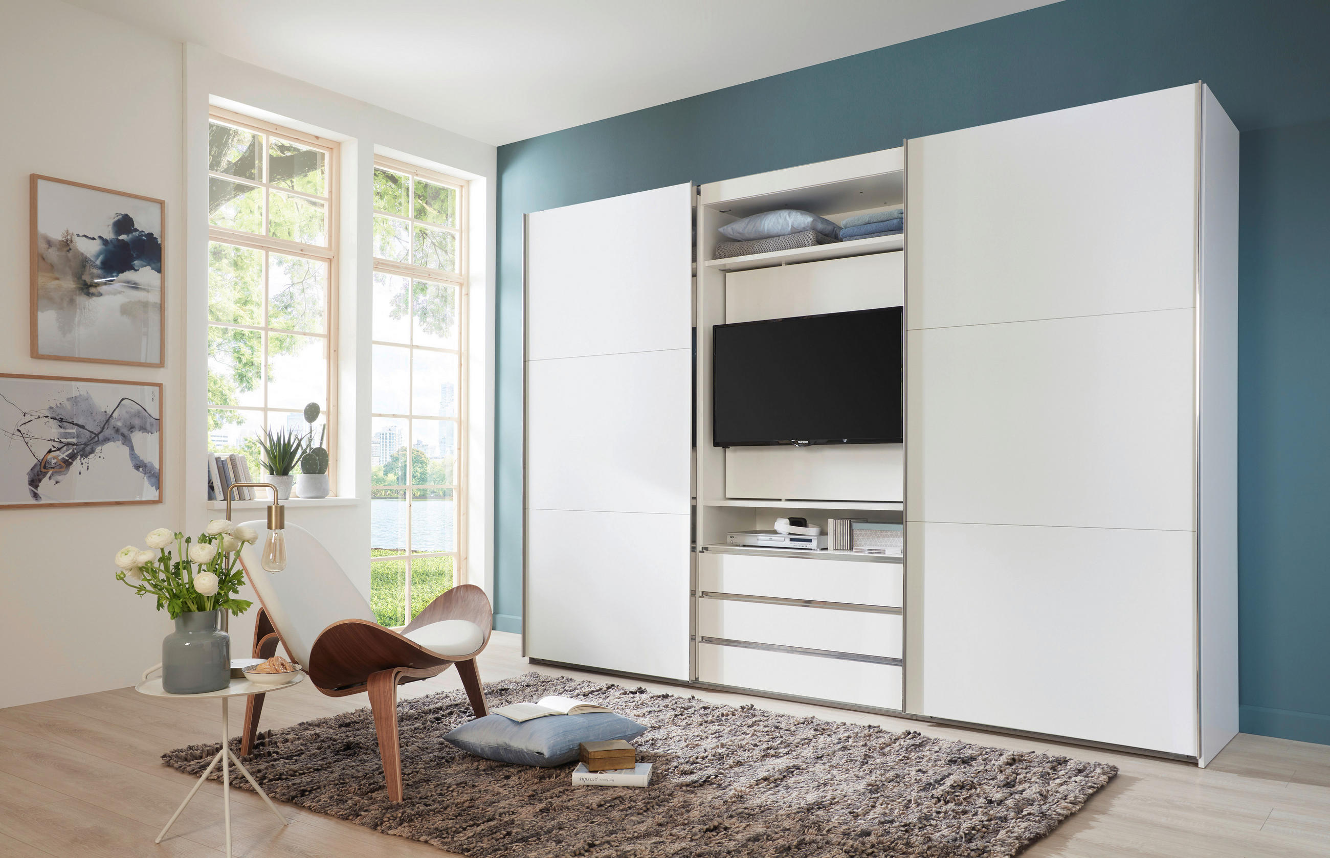 GARDEROB MED SKJUTDÖRRAR 300/216/65 cm 2-dörrar - stålfärgad/vit, Modern, metall/trämaterial (300/216/65cm) - MID.YOU