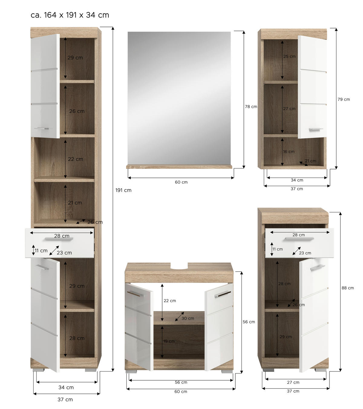 BADEZIMMER 5-teilig  in 134 cm  - Weiß Hochglanz/Silberfarben, MODERN, Glas/Holzwerkstoff (134cm) - MID.YOU