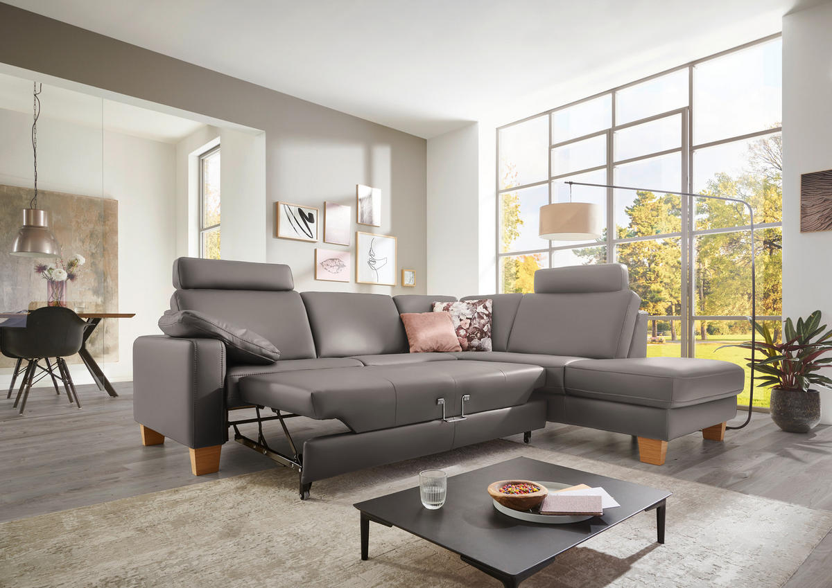 ECKSOFA in Echtleder Hellgrau  - Eiche Bianco/Hellgrau, Konventionell, Leder/Holz (257/235cm) - Valdera