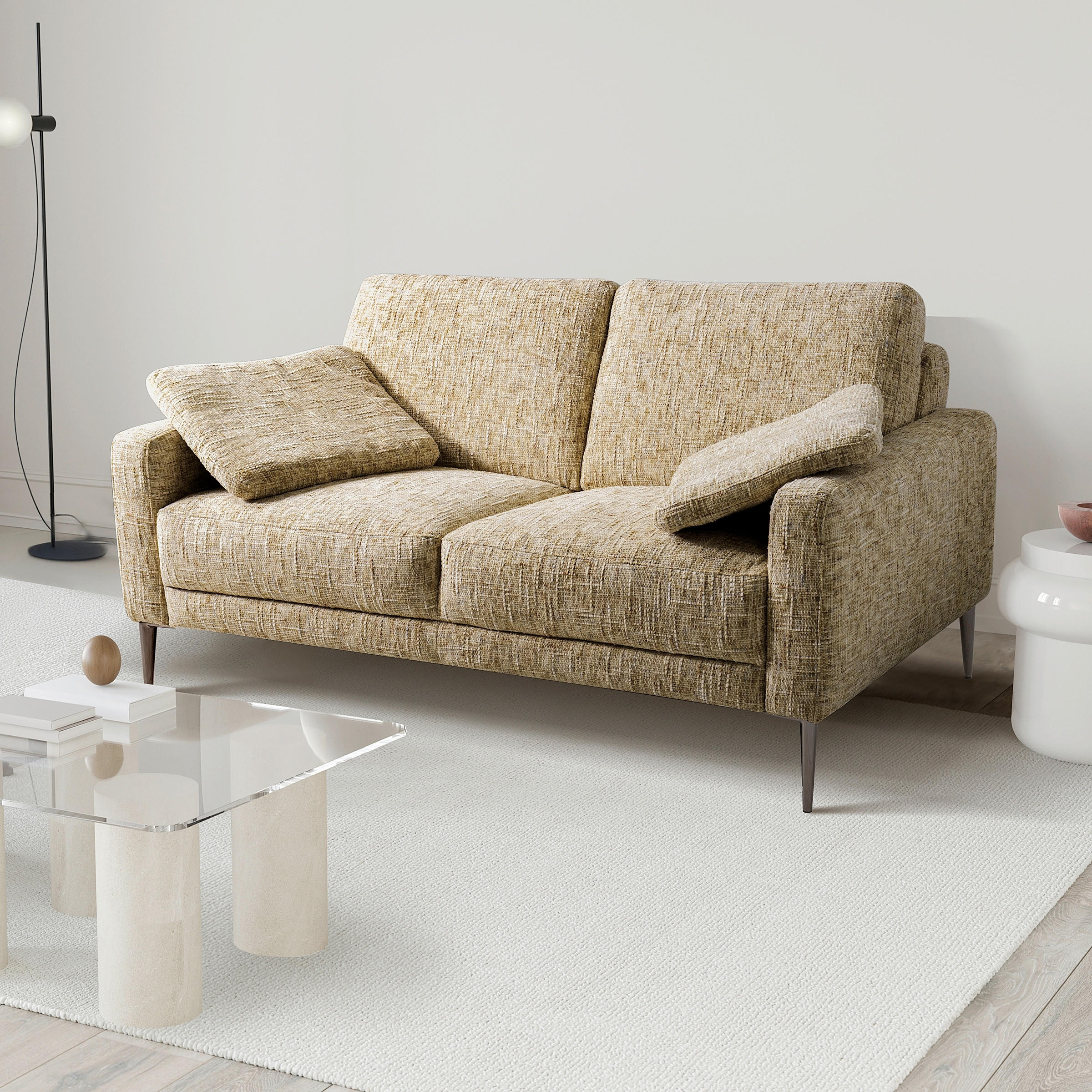 2-SITZER-SOFA SPRING in Webstoff Hellbraun Modern  - Hellbraun/Schwarzchrom, Design, Textil/Metall (157/85/92cm) - Livetastic