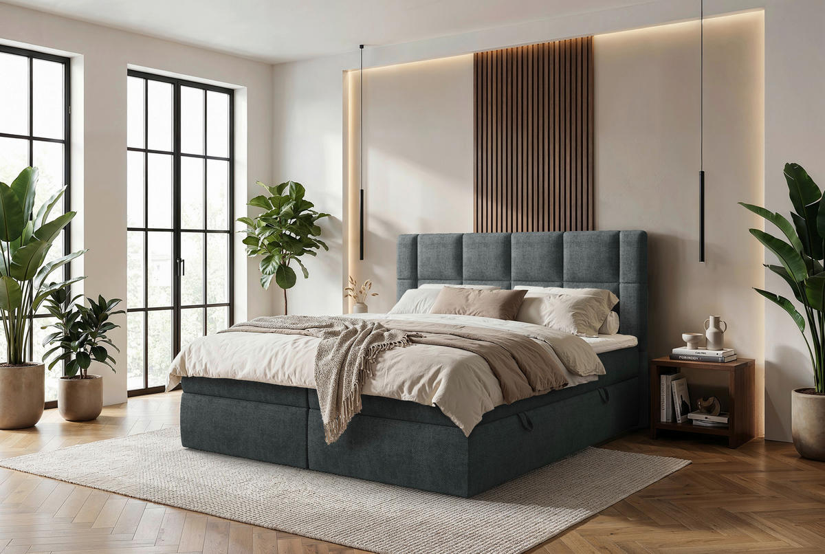 BOXBETT 180/200 cm,  in Anthrazit, gepolstertes Kopfteil, Bettkasten, Topper, Matratzen, H3 = fest  - Anthrazit/Schwarz, MODERN, Holz/Holzwerkstoff (180/200cm) - Boxxx