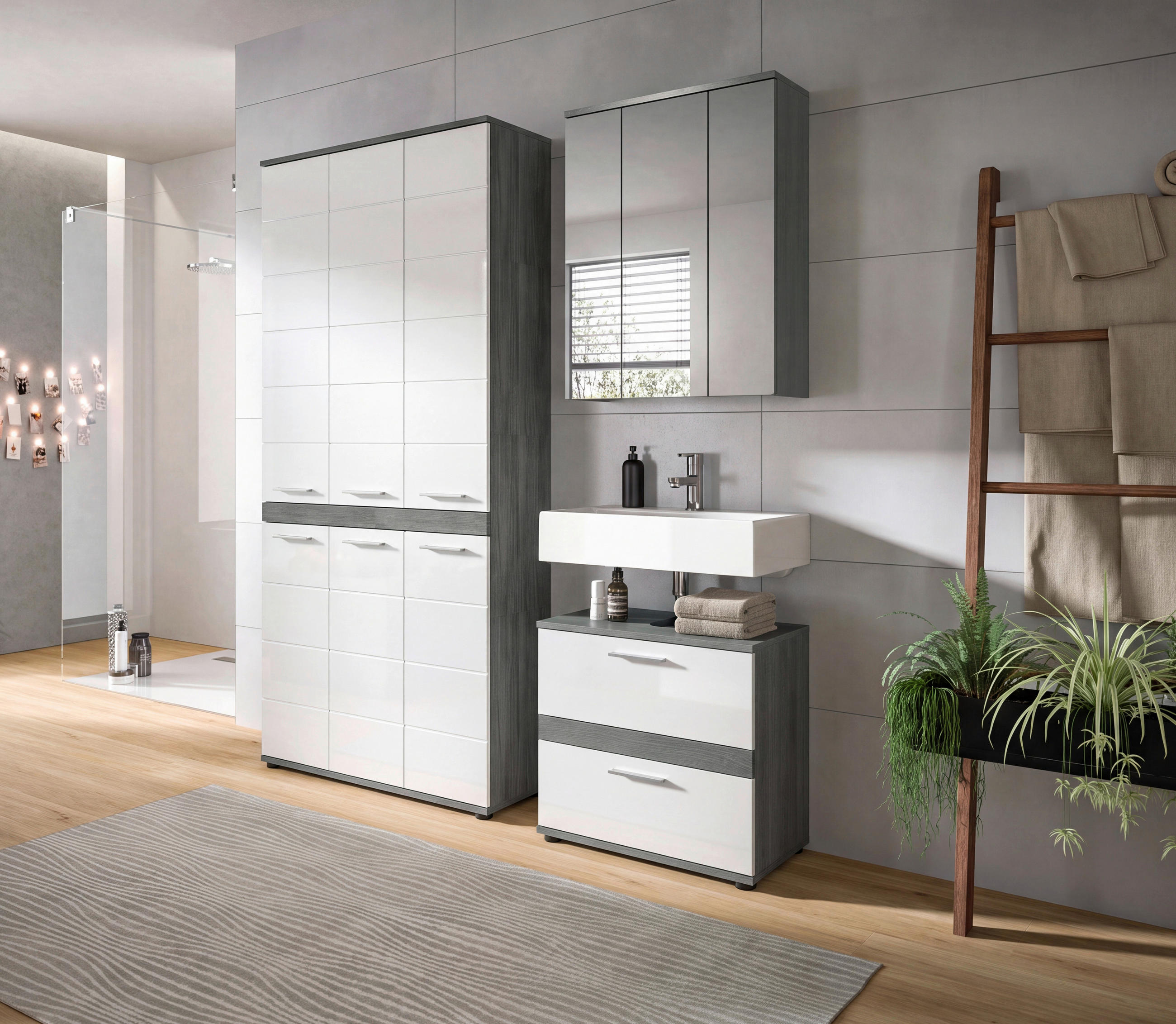 BADEZIMMER 3-teilig  in 165 cm  - Weiß Hochglanz/Silberfarben, Trend, Glas/Holzwerkstoff (165cm) - MID.YOU