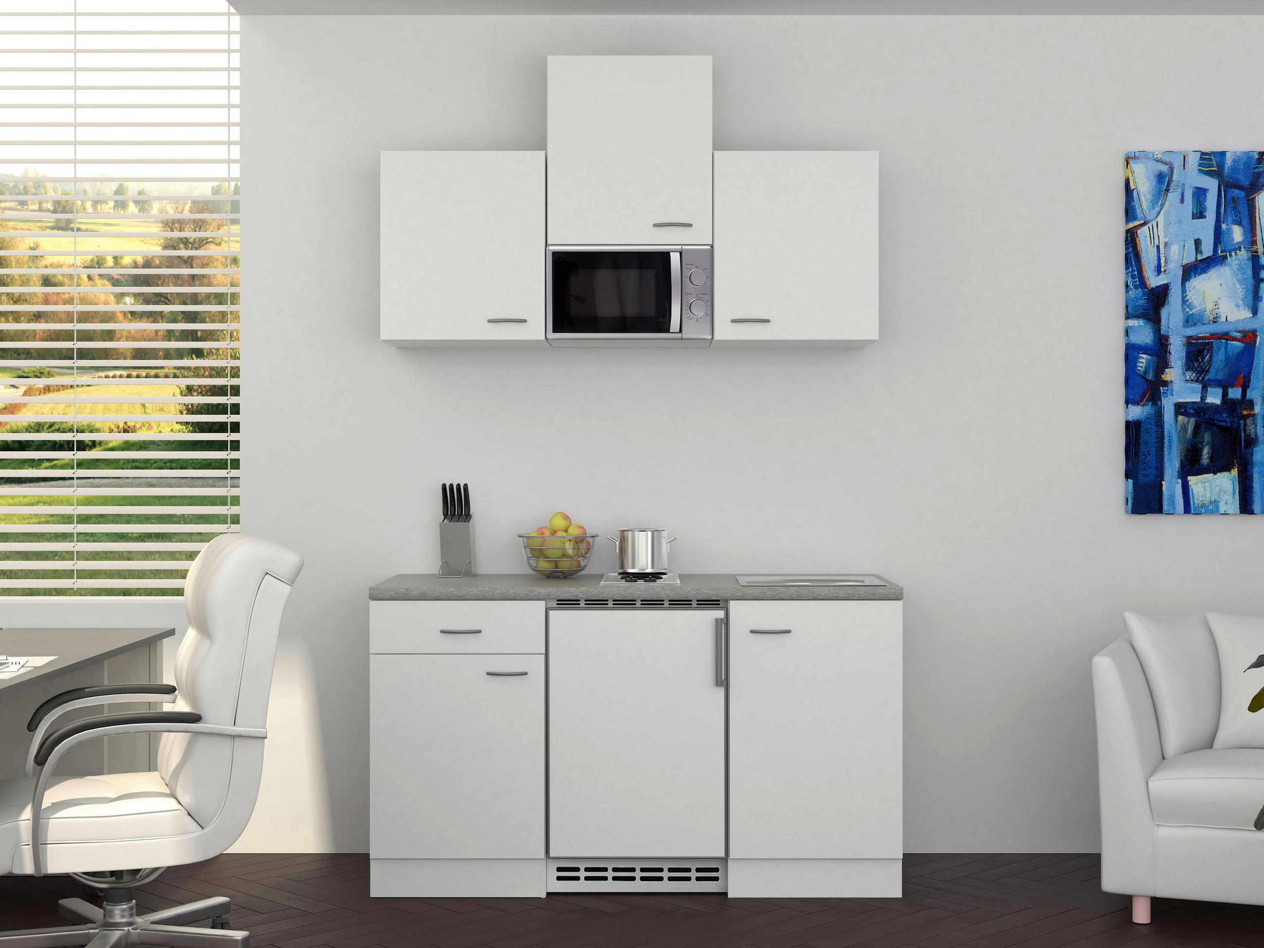 Miniküche Mit Mikrowelle + Kühlschrank 150 Cm Weiß/grau