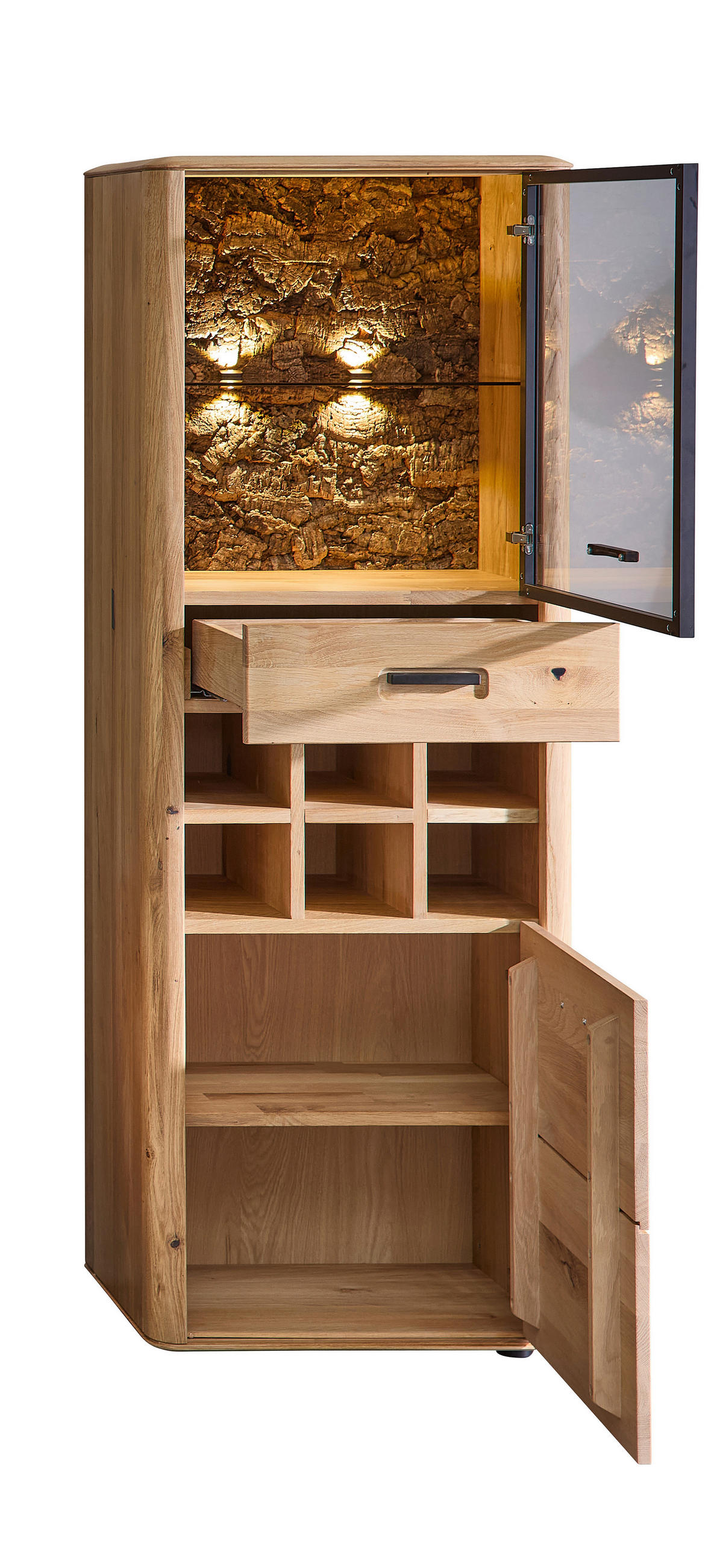 VITRINE in furniert, massiv, Sperrholz Wildeiche, Kork Schwarz, Wildeiche  - Wildeiche/Schwarz, Basics, Glas/Holz (60/169/39cm) - Livetastic