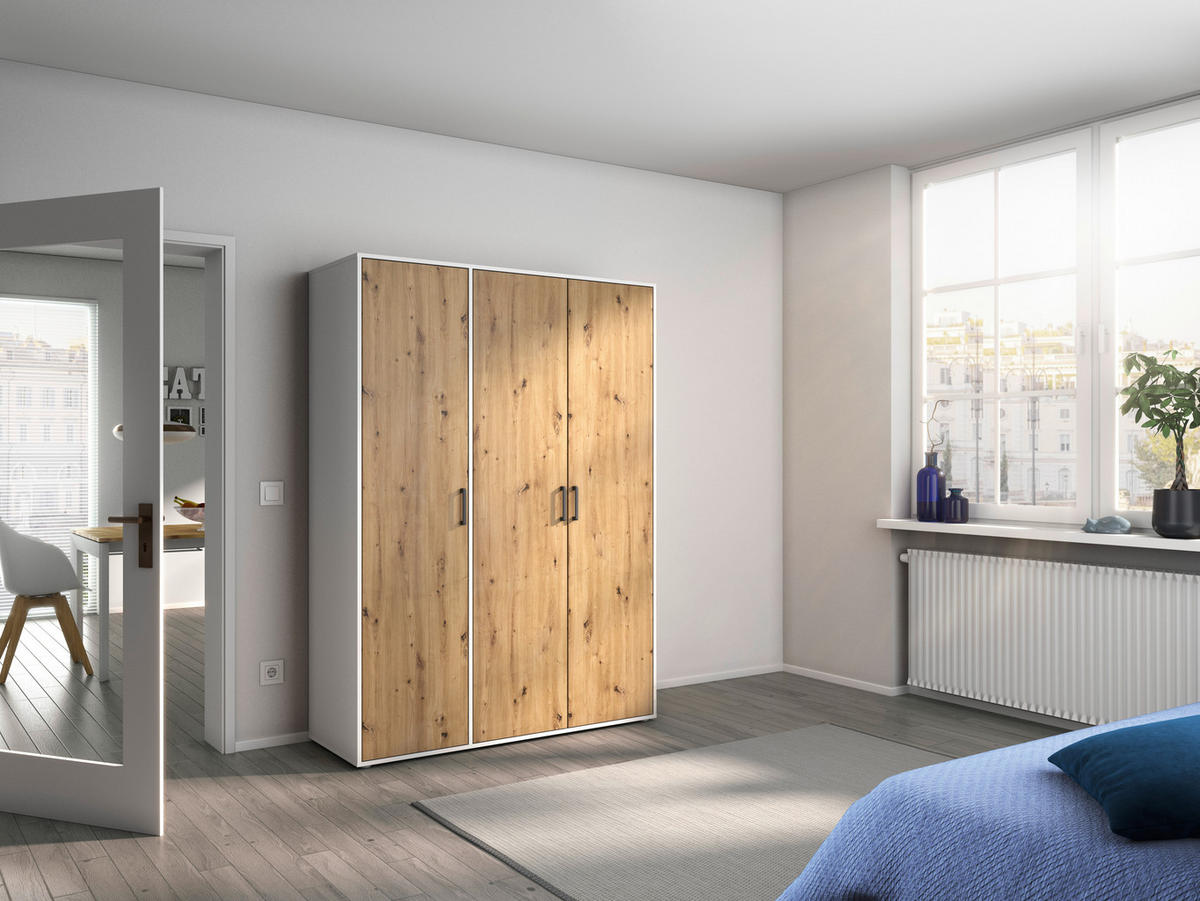 DREHTÜRENSCHRANK 140/194/53 cm 3-türig Weiß, Eiche Artisan  - Eiche Artisan/Weiß, MODERN, Holzwerkstoff/Kunststoff (140/194/53cm) - Rauch Möbel