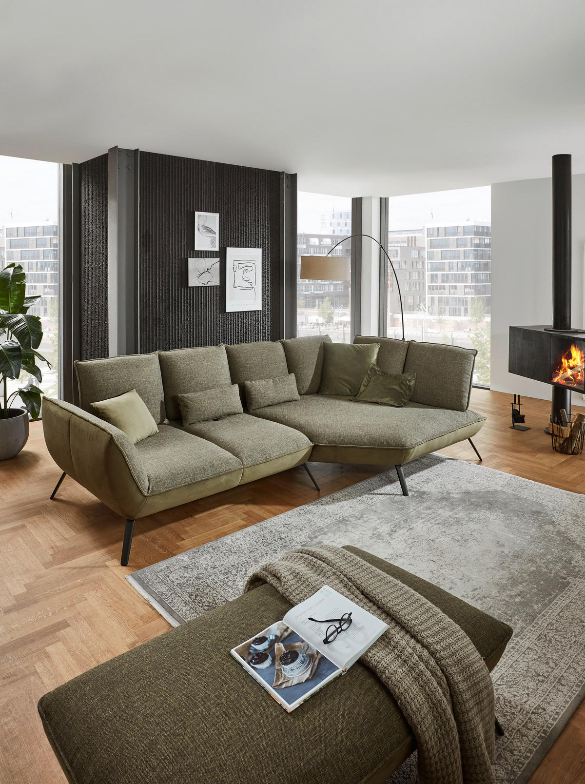 ECKSOFA in Flachgewebe Olivgrün  - Schwarz/Olivgrün, Design, Textil/Metall (320/169cm) - Moderano