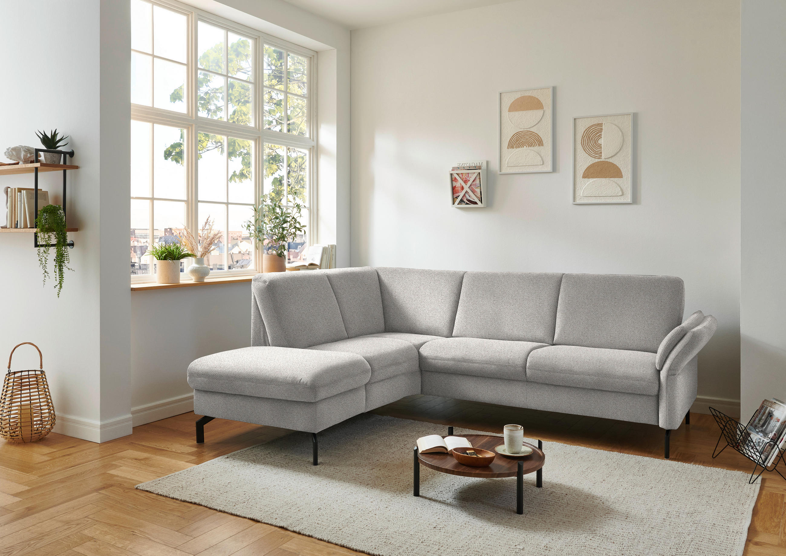 ECKSOFA in Flachgewebe Ecru  - Ecru/Schwarz, Konventionell, Textil/Metall (190/241cm) - Beldomo Comfort
