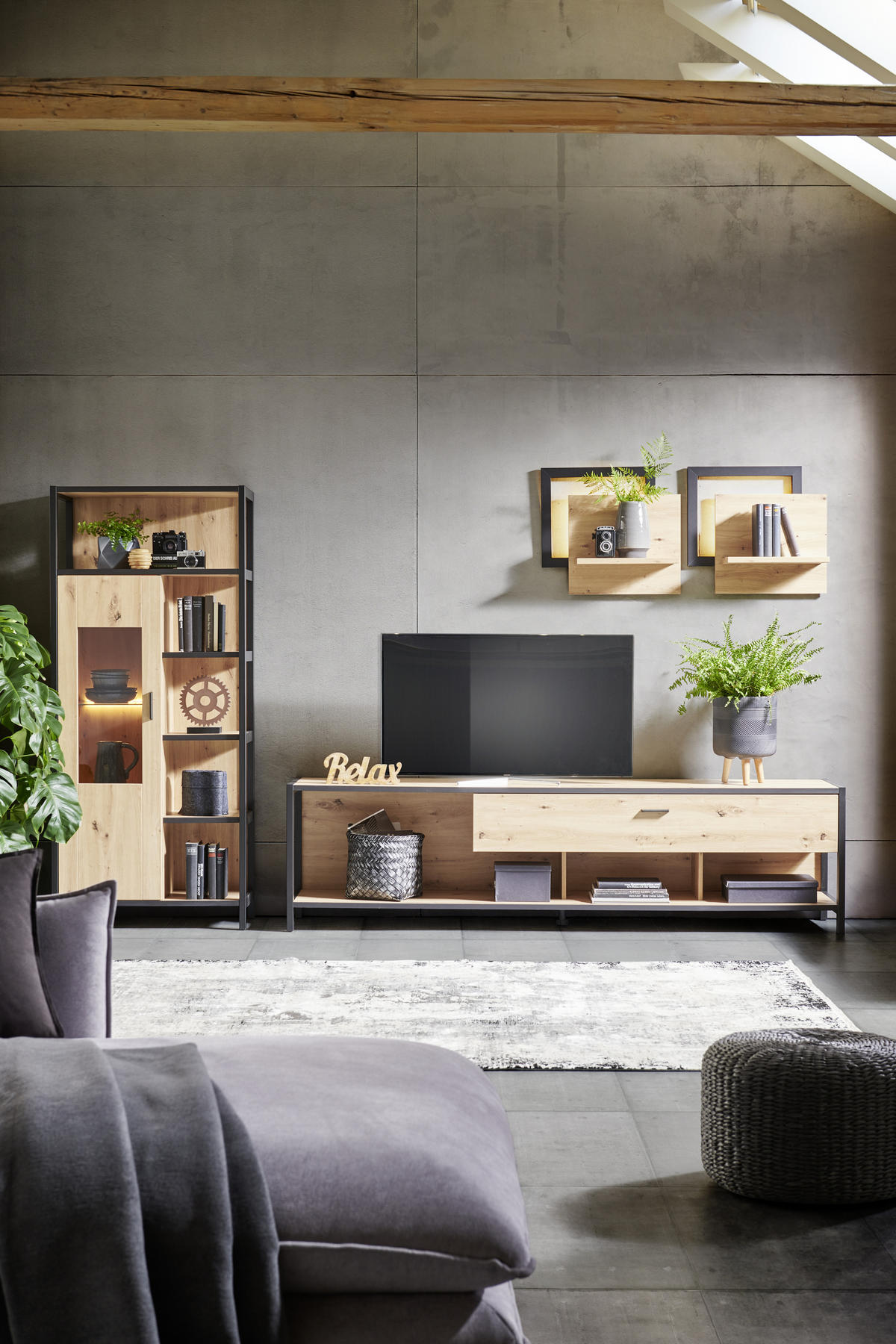 REGAL ZA DNEVNI BORAVAK antracit, divlji hrast   - antracit/divlji hrast, Moderno, staklo/drvni materijal (300/172/46cm) - Carryhome