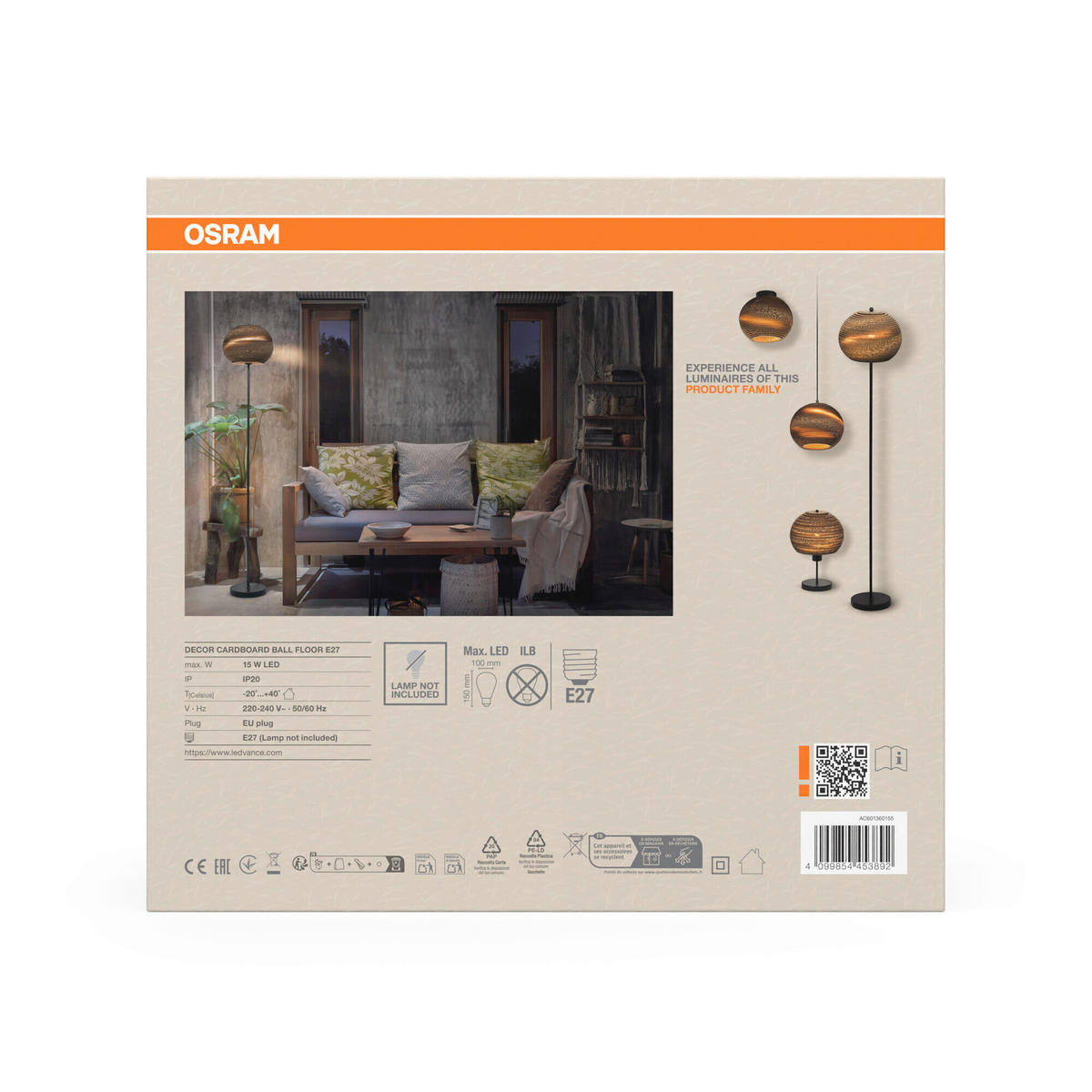 STEHLEUCHTE 30.5/160 cm    - Schwarz/Braun, Natur, Karton/Metall (30.5/160cm) - Osram