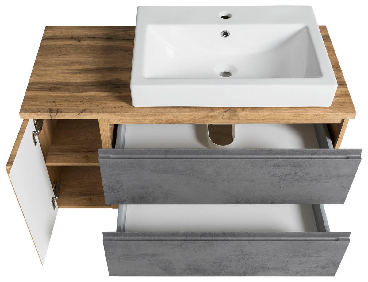 SKRINKA S UMÝVADLOM, 105 cm - svetlosivá/dub wotan, Modern, kompozitné drevo/keramika (105cm) - Held