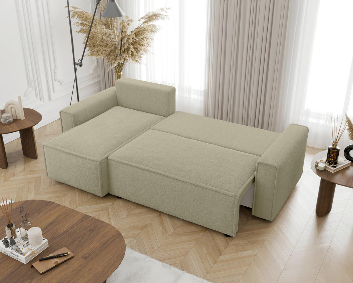 ECKSOFA Beige Bouclé Zierkissen, Rückenkissen, Bettkasten, Schlaffunktion, Rücken echt, Liegefläche im Originalstoff  - Beige/Schwarz, MODERN, Kunststoff/Textil (143/232cm) - Carryhome