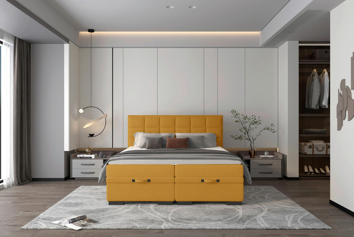 BOXSPRINGBETT 180/200 cm  in Senfgelb  - Senfgelb/Schwarz, Konventionell, Kunststoff/Textil (180/200cm) - home24
