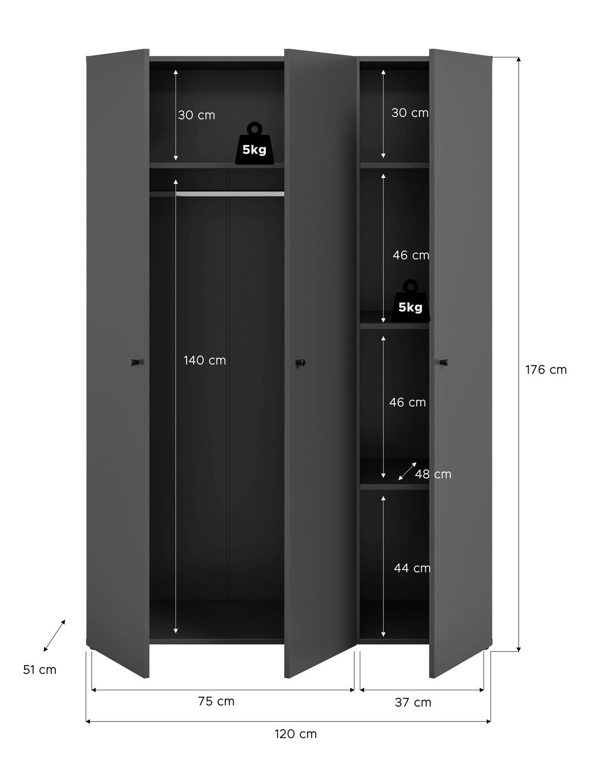 DREHTÜRENSCHRANK 120/176/51 cm,  in Anthrazit, 3-türig  - Anthrazit/Schwarz, MODERN, Holzwerkstoff/Kunststoff (120/176/51cm) - MID.YOU