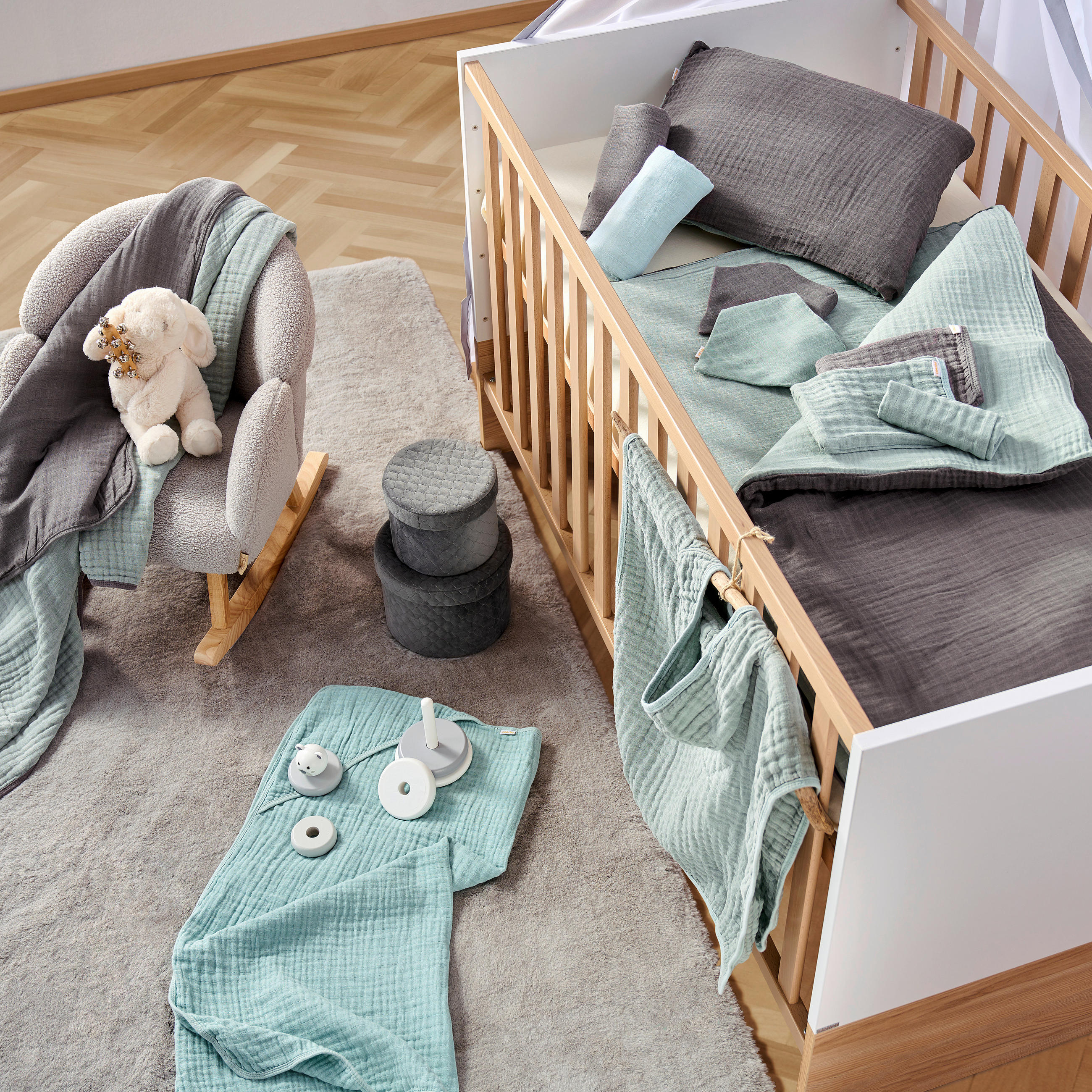 BABYBETTWÄSCHE 100/135 cm  - Grau/Grün, Trend, Textil (100/135cm) - Patinio