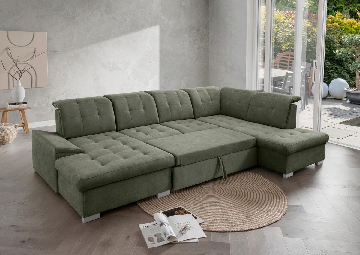 WOHNLANDSCHAFT in Mikrofaser Dunkelgrün  - Chromfarben/Dunkelgrün, Modern, Kunststoff/Textil (169/330/212cm) - Livetastic