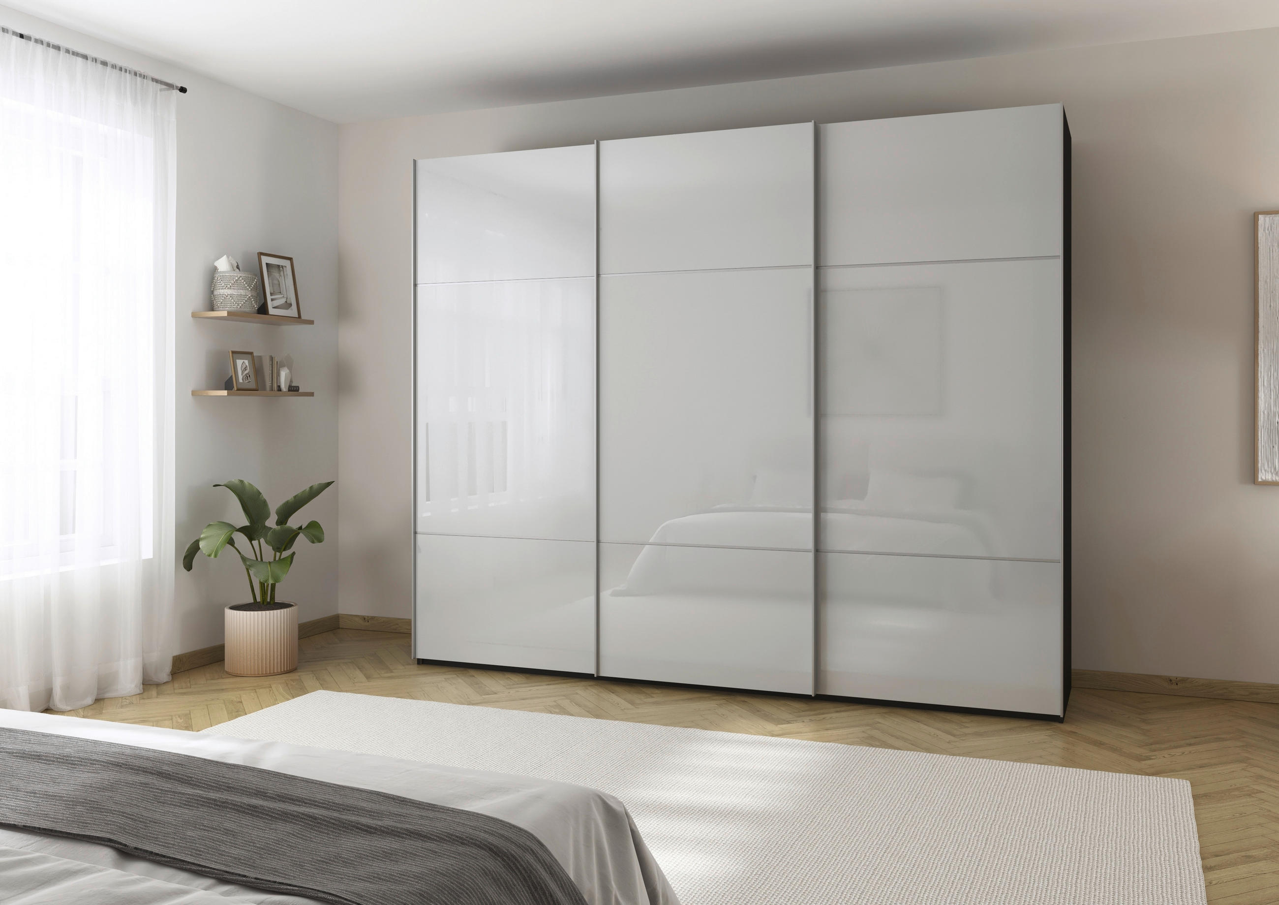 SCHWEBETÜRENSCHRANK  in Grau, Schwarz  - Alufarben/Schwarz, KONVENTIONELL, Glas/Holzwerkstoff (301/223/68cm) - Novel