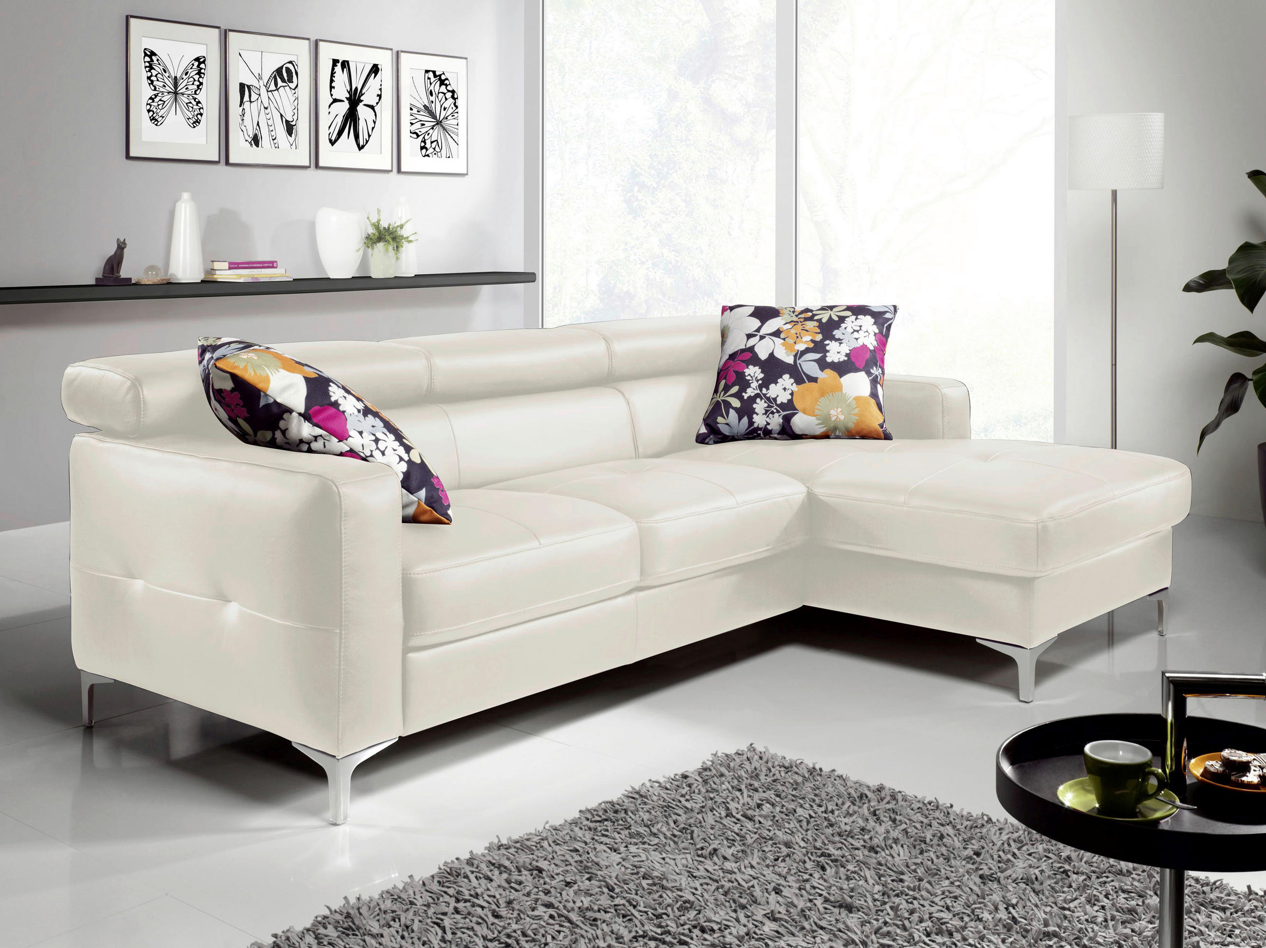 ECKSOFA Weiß Echtleder  - Chromfarben/Weiß, Design, Leder/Metall (227/168cm) - Livetastic