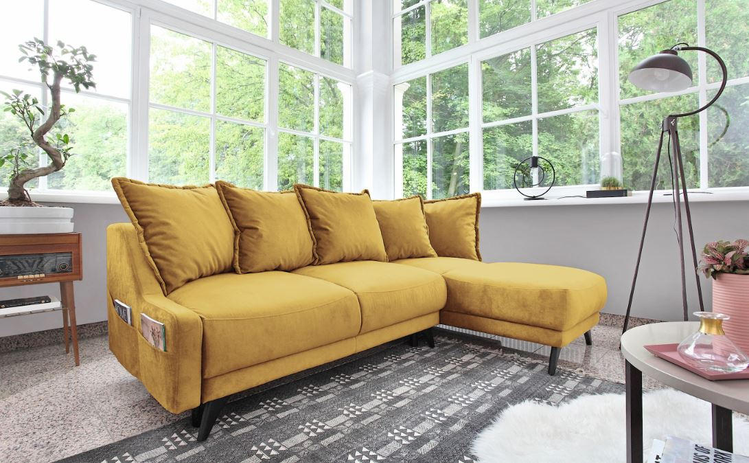 ECKSCHLAFSOFA Gelb Velours - Gelb/Schwarz, Basics, Holz/Textil (225/80/90/155cm) - MID.YOU