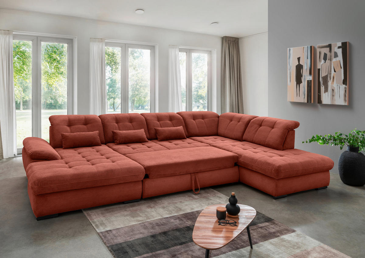 WOHNLANDSCHAFT in Cord Koralle  - Koralle/Schwarz, Modern, Textil/Metall (184/387/252cm) - Livetastic
