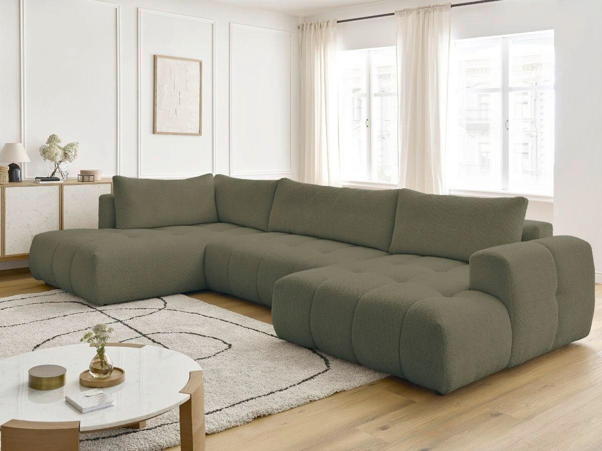 WOHNLANDSCHAFT  FUJI  Grün Bouclé  - Schwarz/Grün, MODERN, Kunststoff/Textil (204/377/160cm)