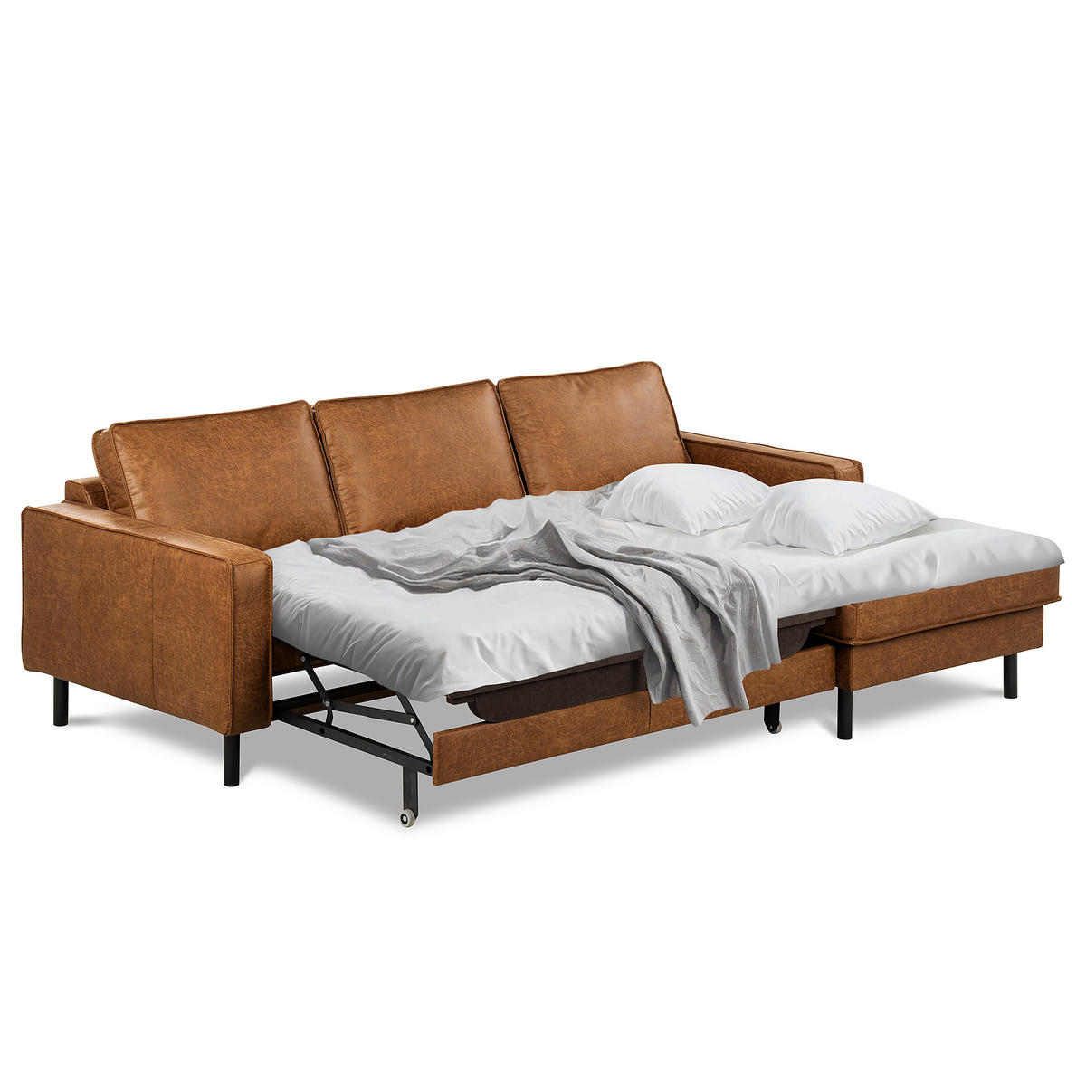 ECKSOFA Hellbraun Echtleder Lederlook Bettkasten, Schlaffunktion, Rücken echt  - Hellbraun/Schwarz, Design, Leder/Textil (166/238cm) - Livetastic