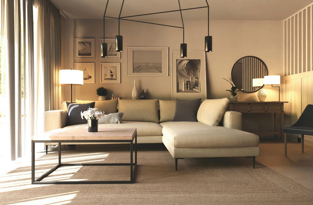 ECKSOFA in Struktur Beige  295/210 cm  - Beige/Schwarz, MODERN, Textil/Metall (295/210cm) - Trendmanufaktur