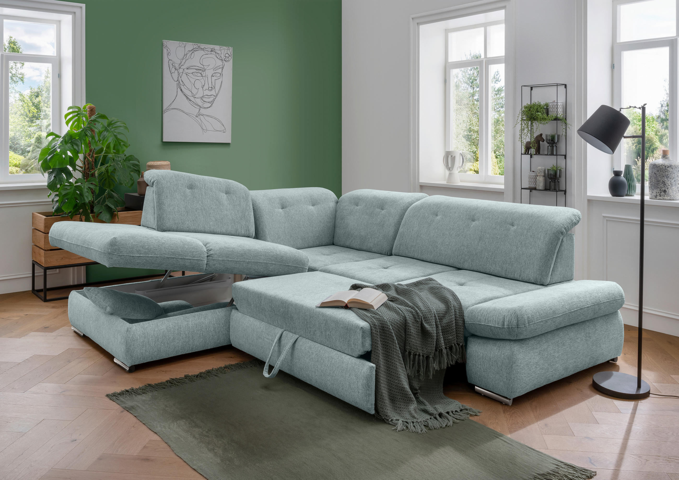 ECKSOFA Mintgrün Chenille  - Chromfarben/Mintgrün, Design, Textil/Metall (254/280cm) - Livetastic