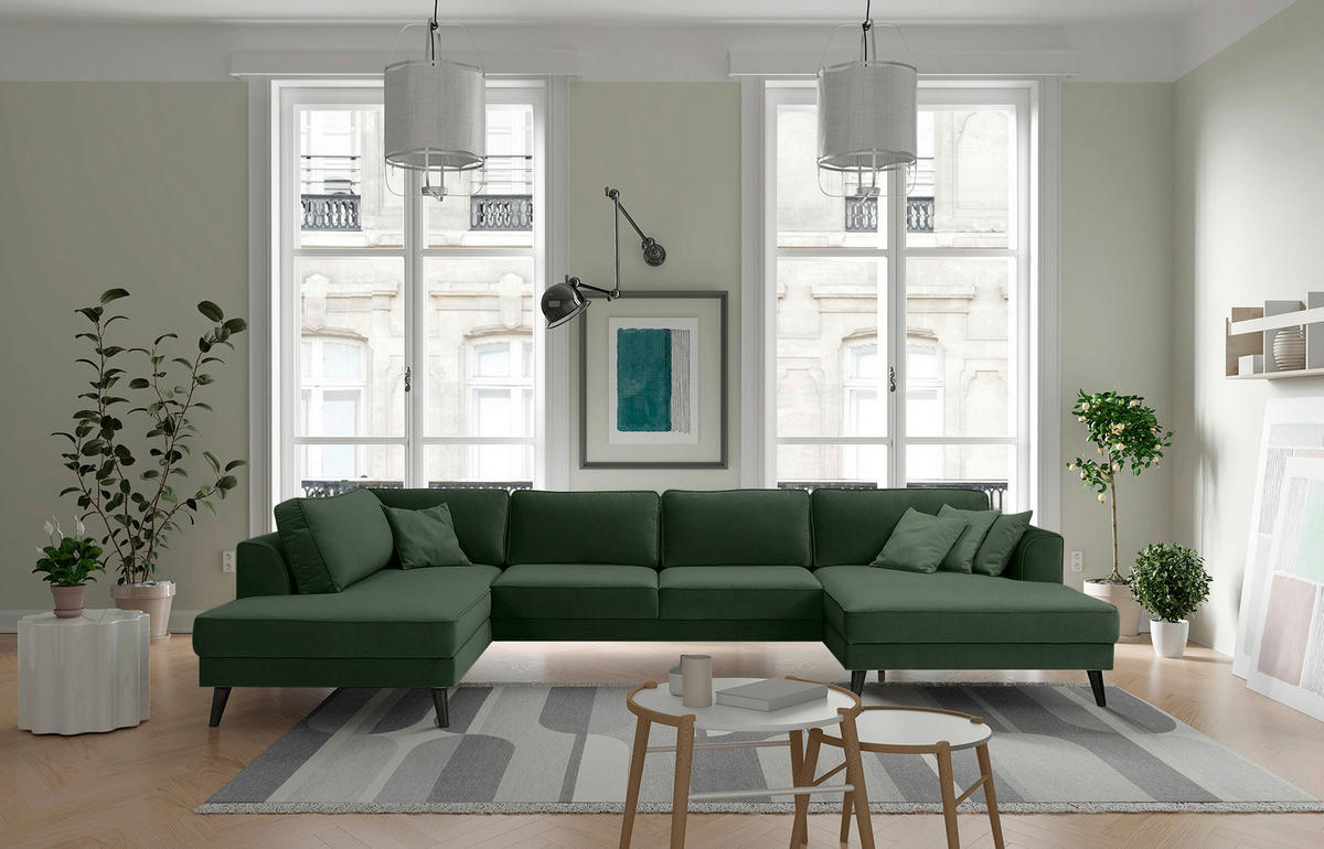 WOHNLANDSCHAFT in Velours Dunkelgrün  - Wengefarben/Dunkelgrün, Modern, Holz/Textil (201/348/169cm) - Trendmanufaktur