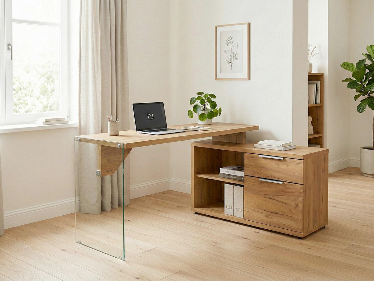 ECKSCHREIBTISCH 141,8/100/74 cm Eichefarben Stauraum, seitenverkehrt montierbar  - Eichefarben/Silberfarben, Design, Glas/Holzwerkstoff (141,8/100/74cm) - MID.YOU