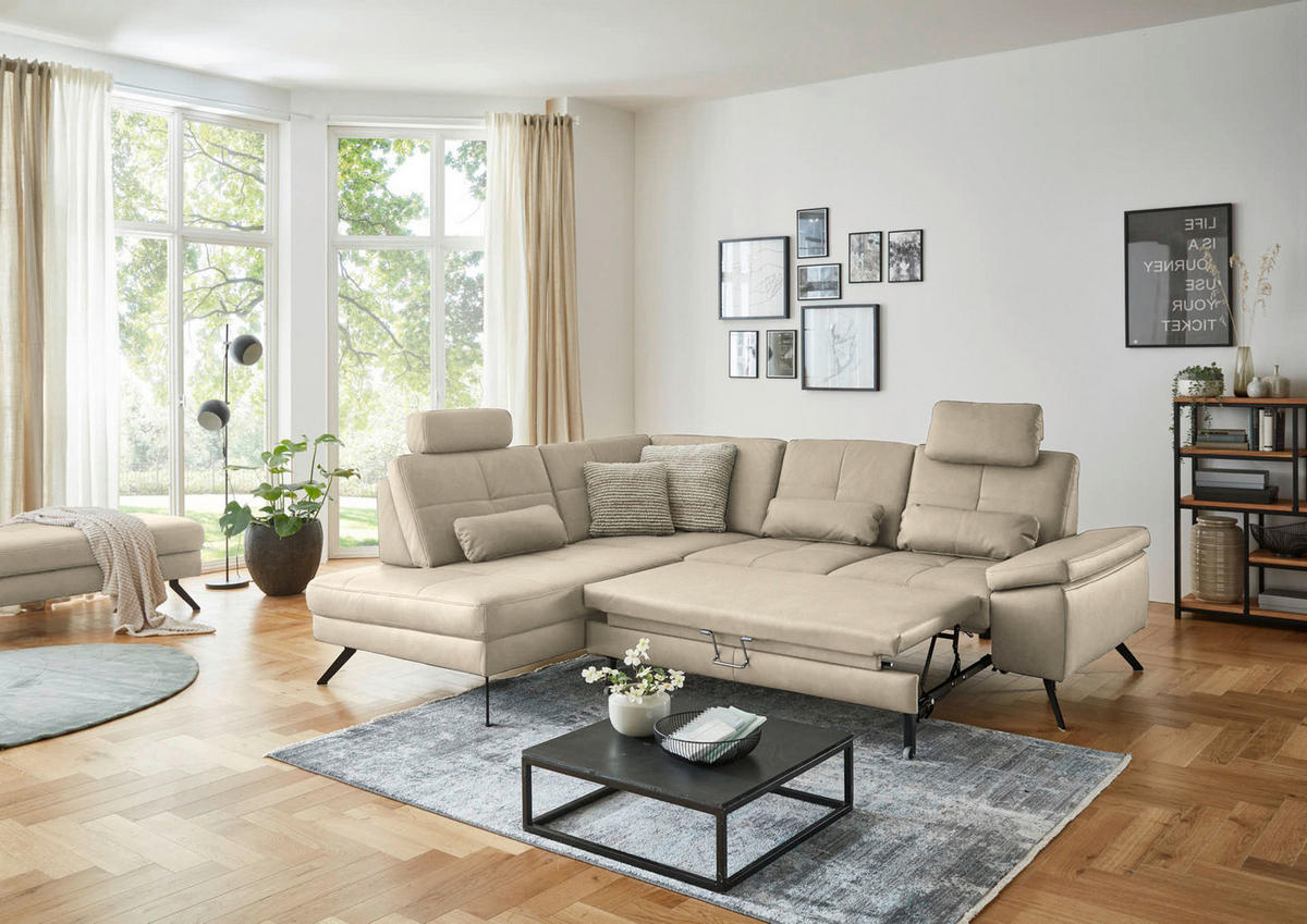 ECKSOFA in Lederlook, Mikrofaser Beige  - Beige/Schwarz, Design, Textil/Metall (194/261cm) - Beldomo System