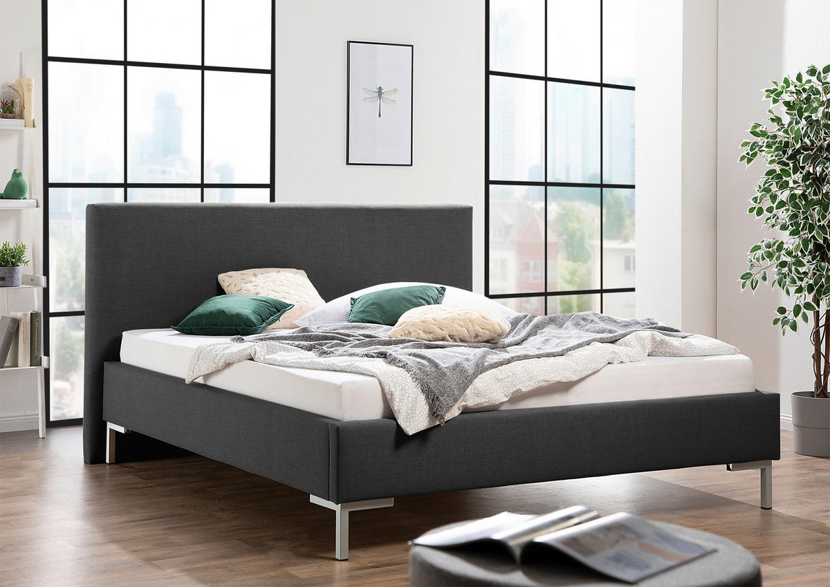 POLSTERBETT 180/200 cm,  in Anthrazit,  - Anthrazit/Silberfarben, MODERN, Textil/Metall (180/200cm) - Livetastic