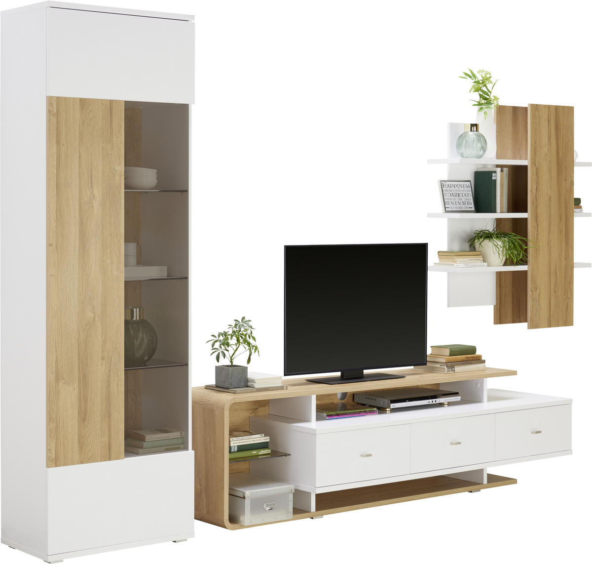 REGAL ZA DNEVNI BORAVAK bijela, boje hrasta   - bijela/srebrne boje, Moderno, staklo/drvni materijal (300/205,9/51,6cm) - Hom`in