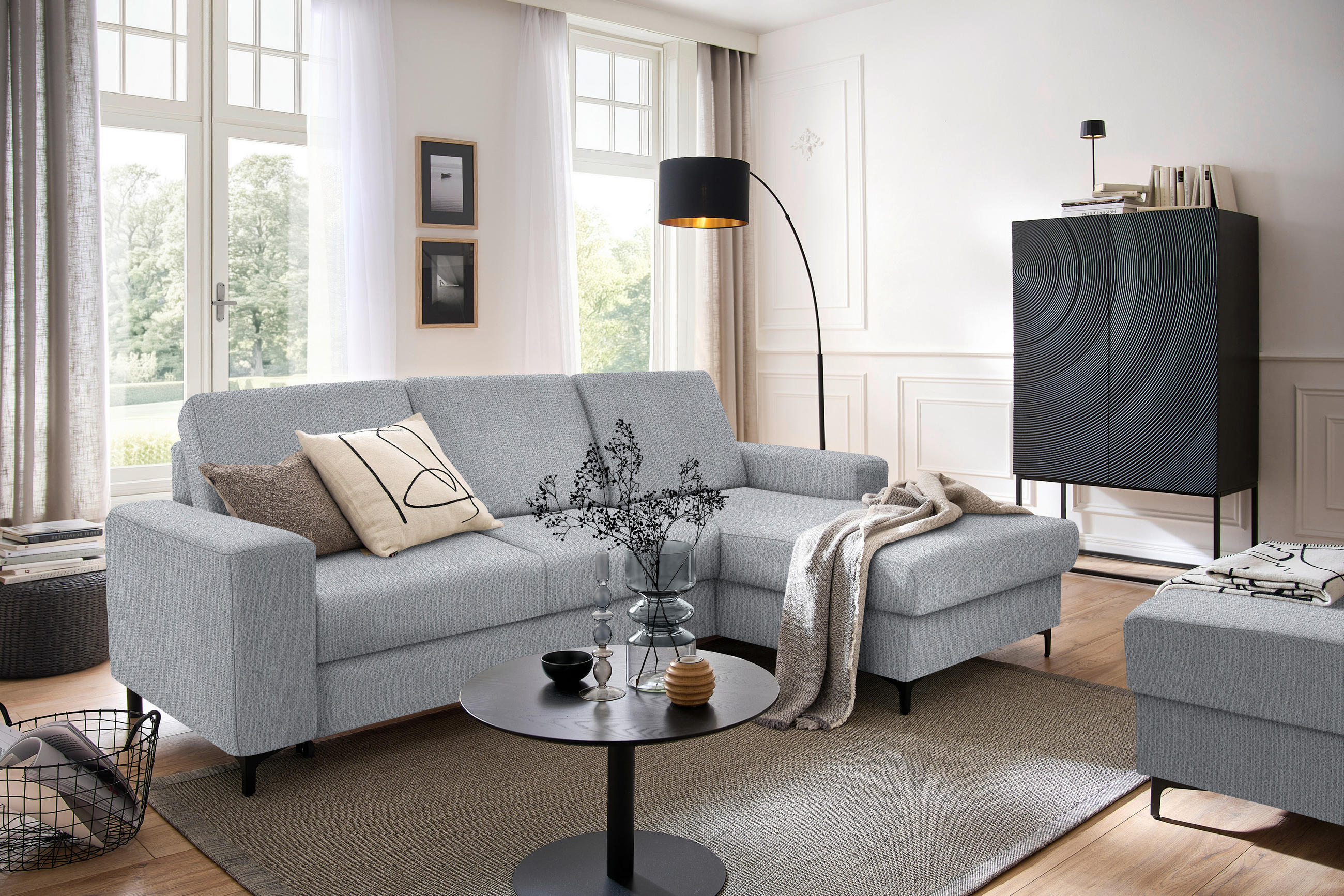 ECKSOFA in Webstoff Hellgrau  - Hellgrau/Schwarz, Konventionell, Textil/Metall (247/167cm) - Stylife