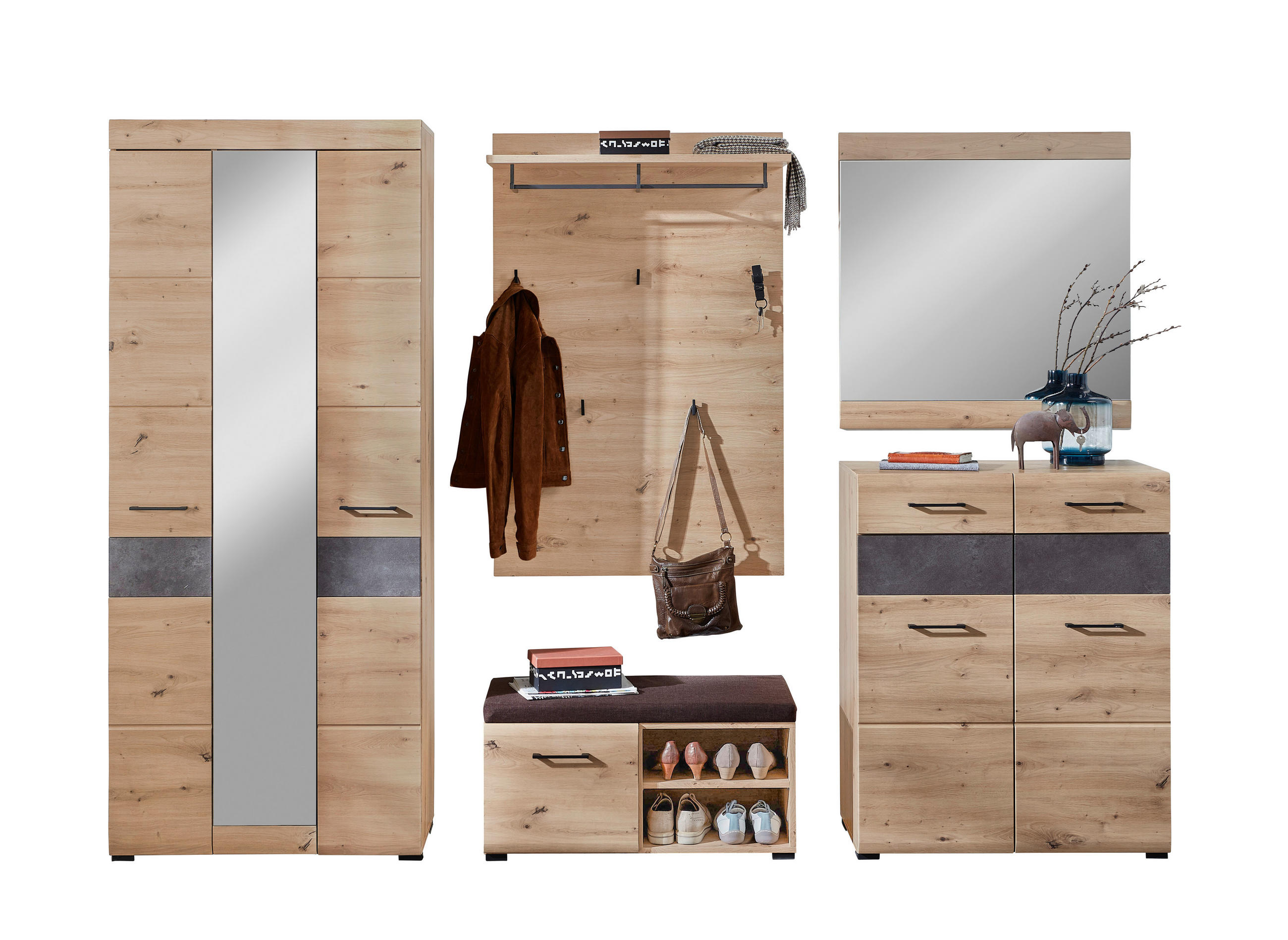 GARDEROBE 6-teilig in 282/201/40 cm - Eiche Artisan/Grau, Design, Glas/Holzwerkstoff (282/201/40cm) - Voleo